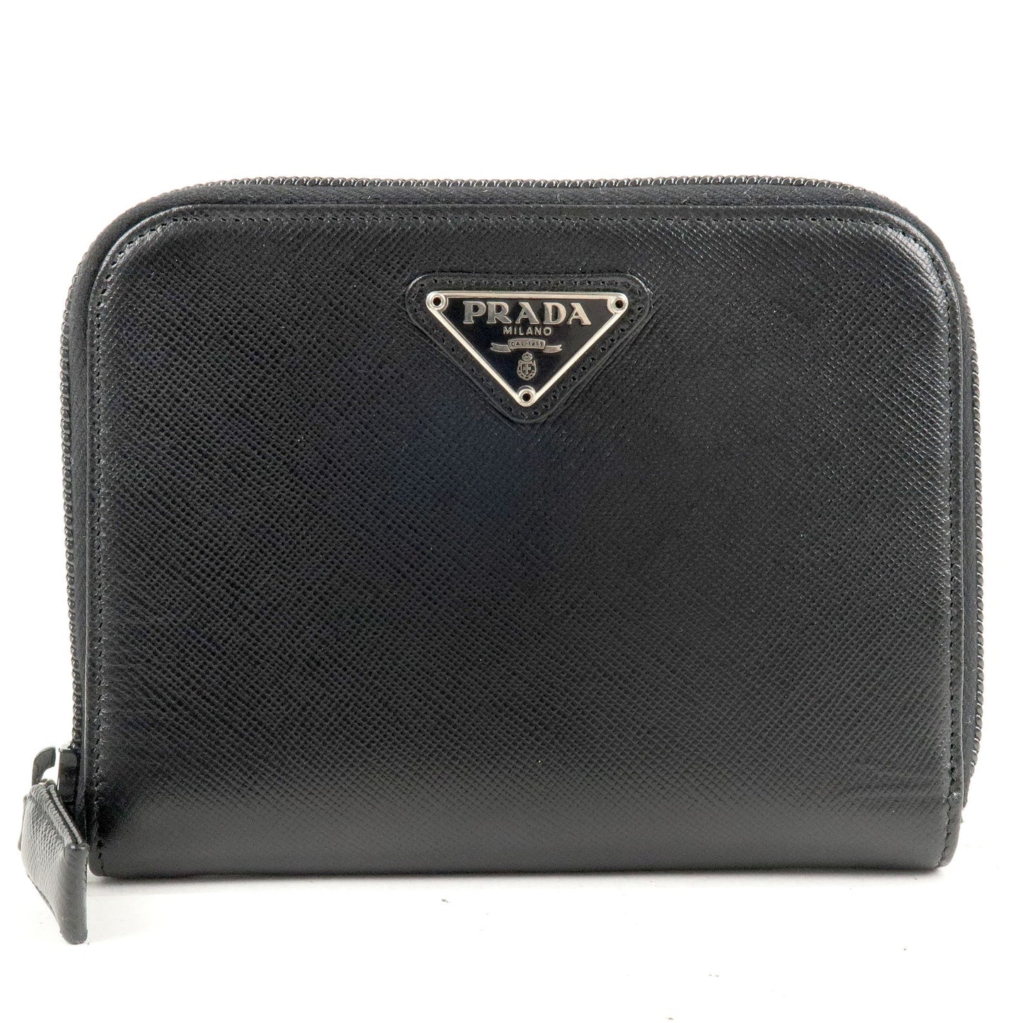 PRADA-Logo-Leather-Round-Zippy-Small-Wallet-Black-M606A