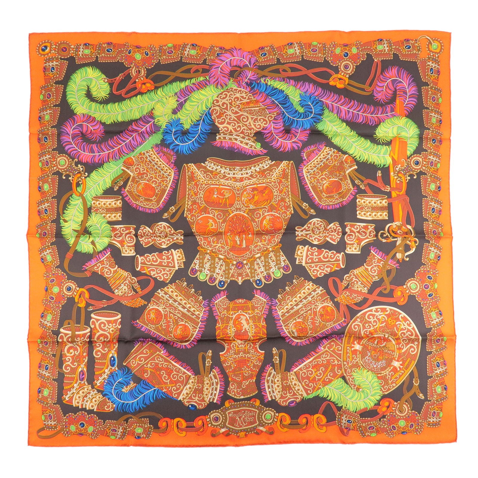 HERMES-Carre-90-100%-Silk-Scarf-SOUS-LE-GIDE-DE-MARS-Orange