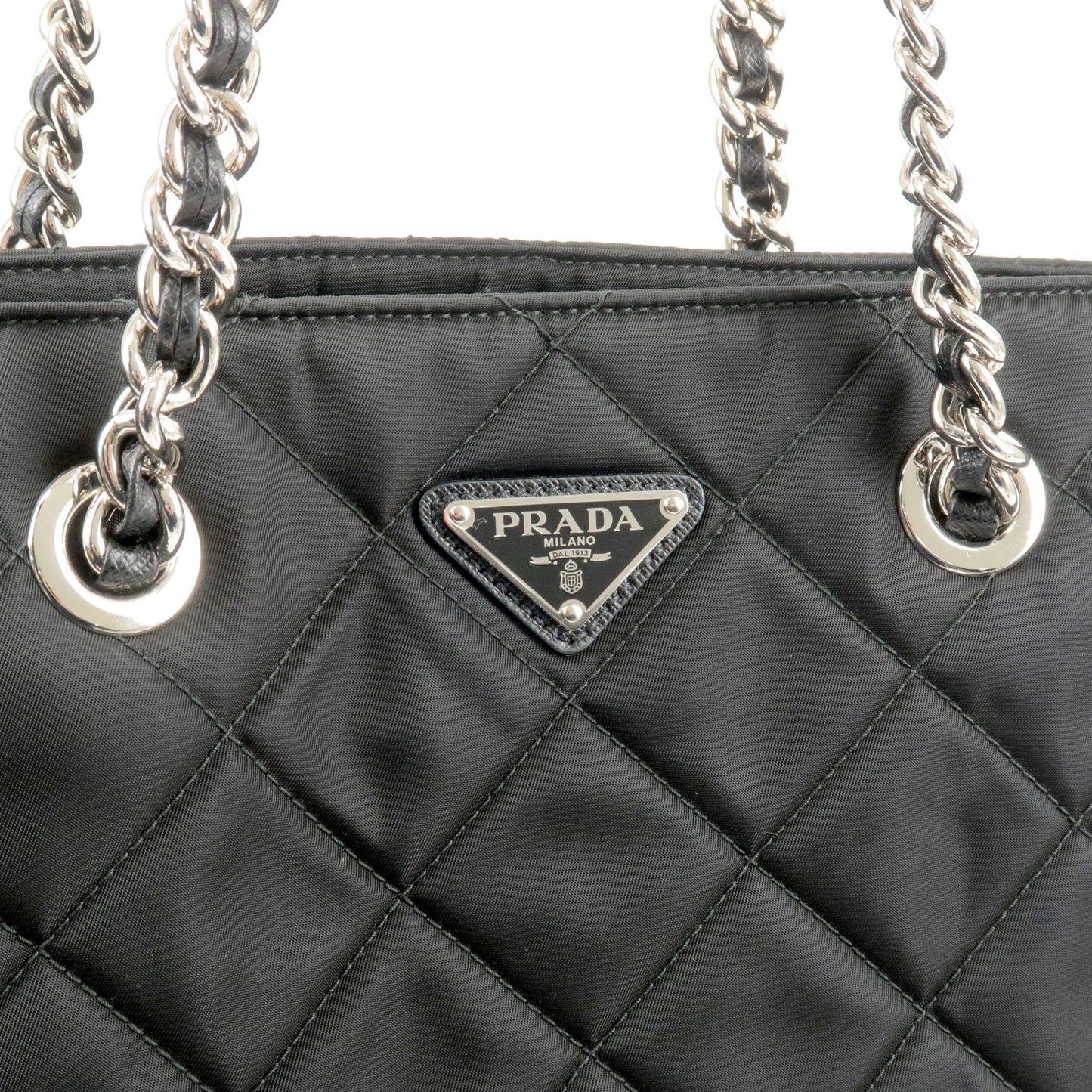 PRADA Logo Nylon Leather Quilting Chain Shoulder Bag Black 1BG017