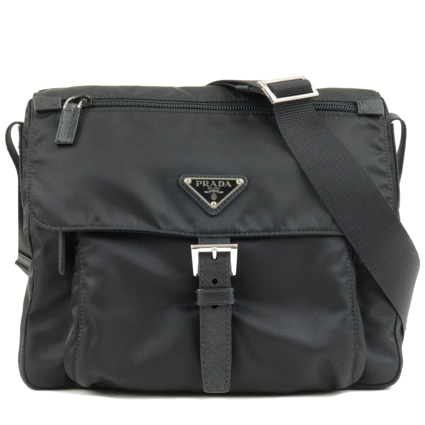 PRADA-Logo-Nylon-Leather-Shoulder-Bag-NERO-Black-1BD994