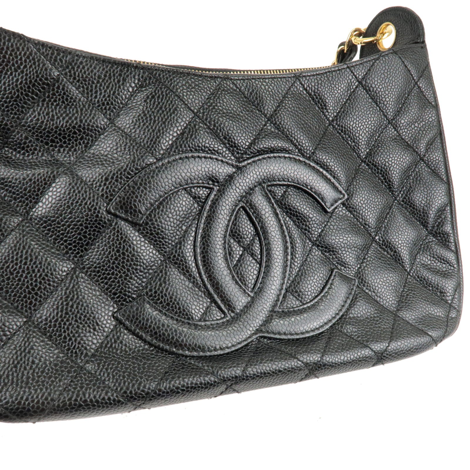 Vintage CHANEL Black Caviar Matelasse Chain Shoulder Bag With 