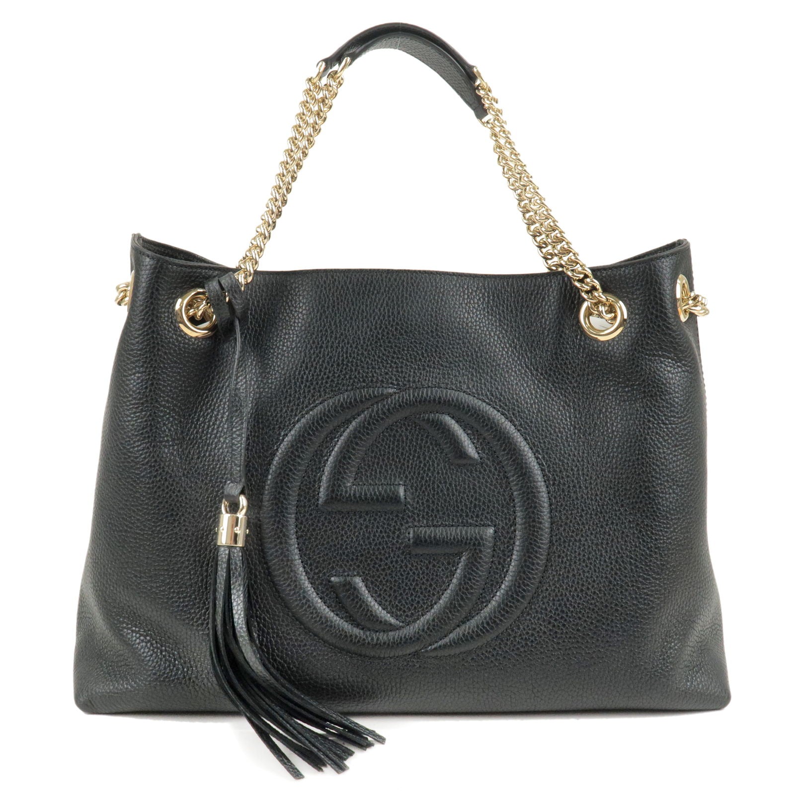 GUCCI-SOHO-Logo-Leather-Chain-Shoulder-Bag-Tote-Bag-Black-536196