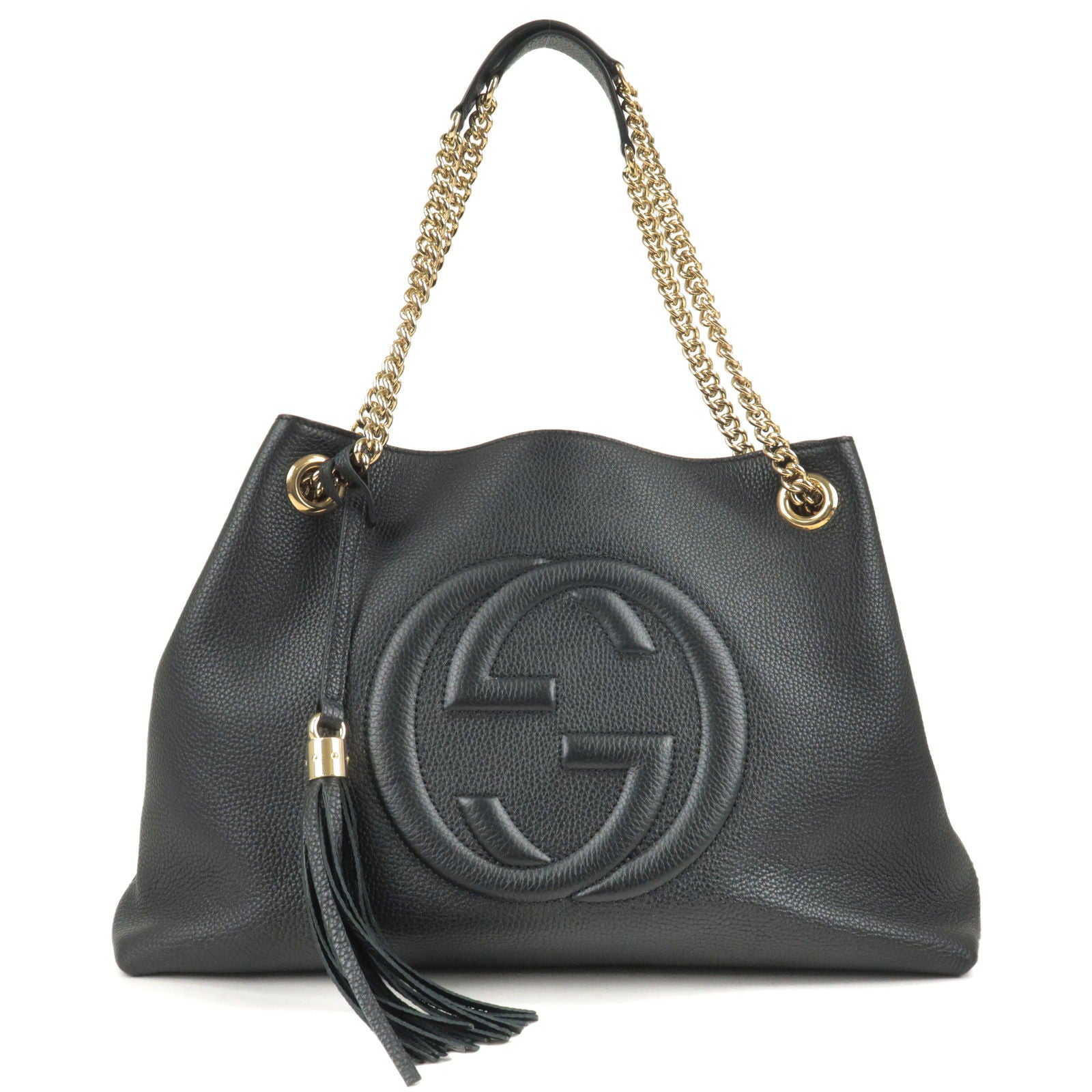 GUCCI-SOHO-Logo-Leather-Chain-Shoulder-Bag-Tote-Bag-Black-536196