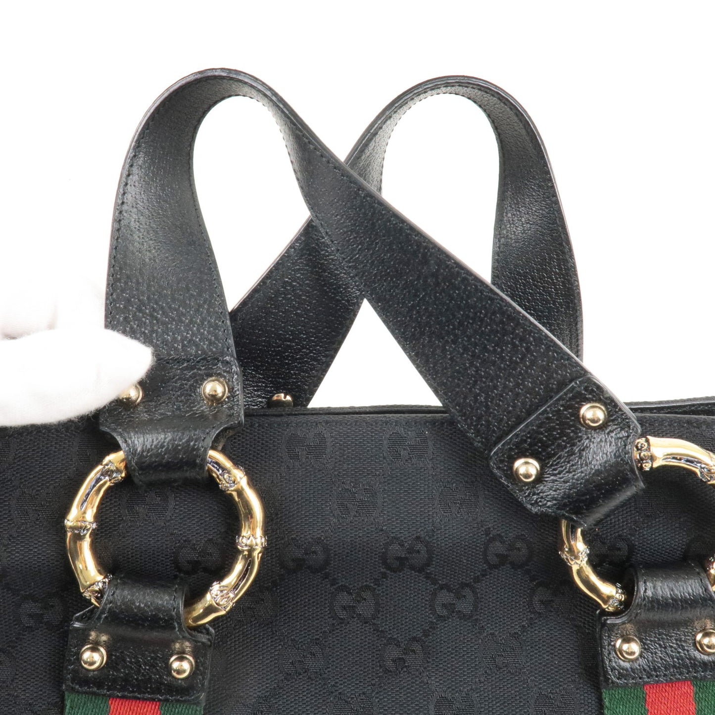 GUCCI Sherry Bamboo GG Canvas Leather Hand Bag Black 131324