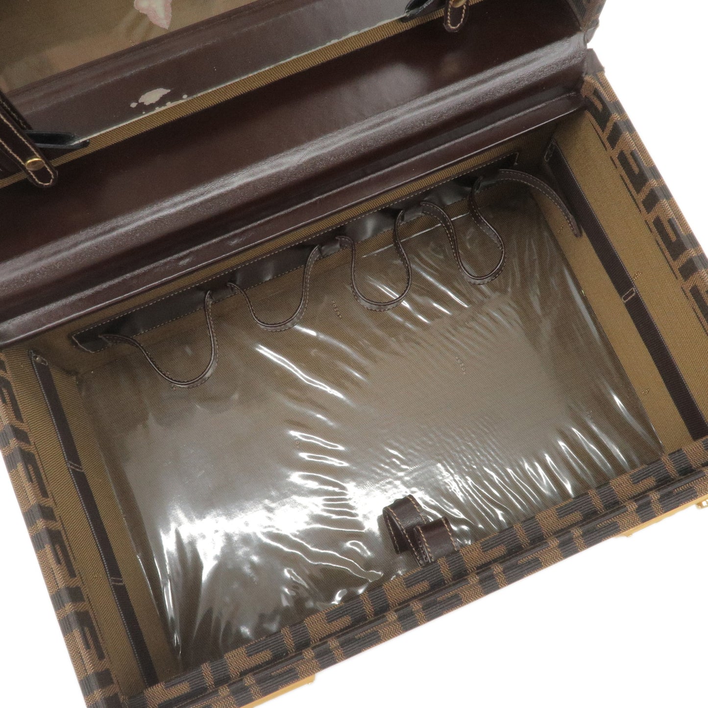 FENDI Zucca Canvas Leather Vanity Bag Makeup Box Khaki Black