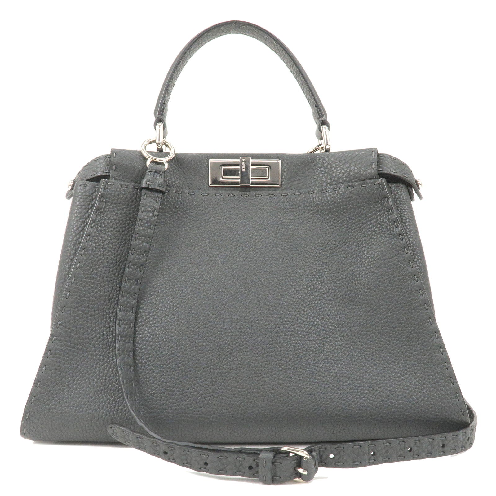 FENDI-Selleria-Leather-Peekaboo-Regular-2WAY-Bag-Black-8BN226