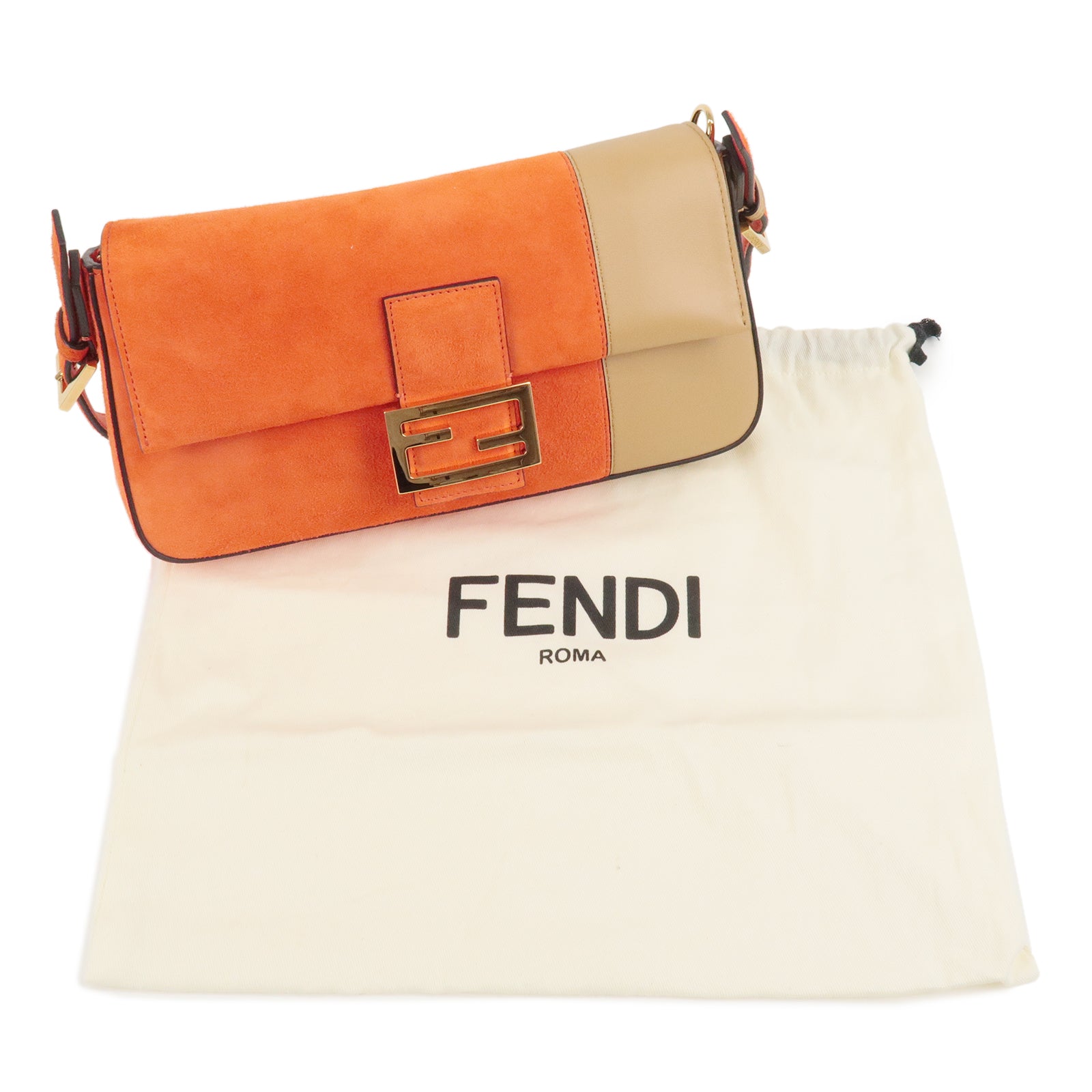 FENDI Mamma Baguette Suede Leather Shoulder Bag Orange 8BR792