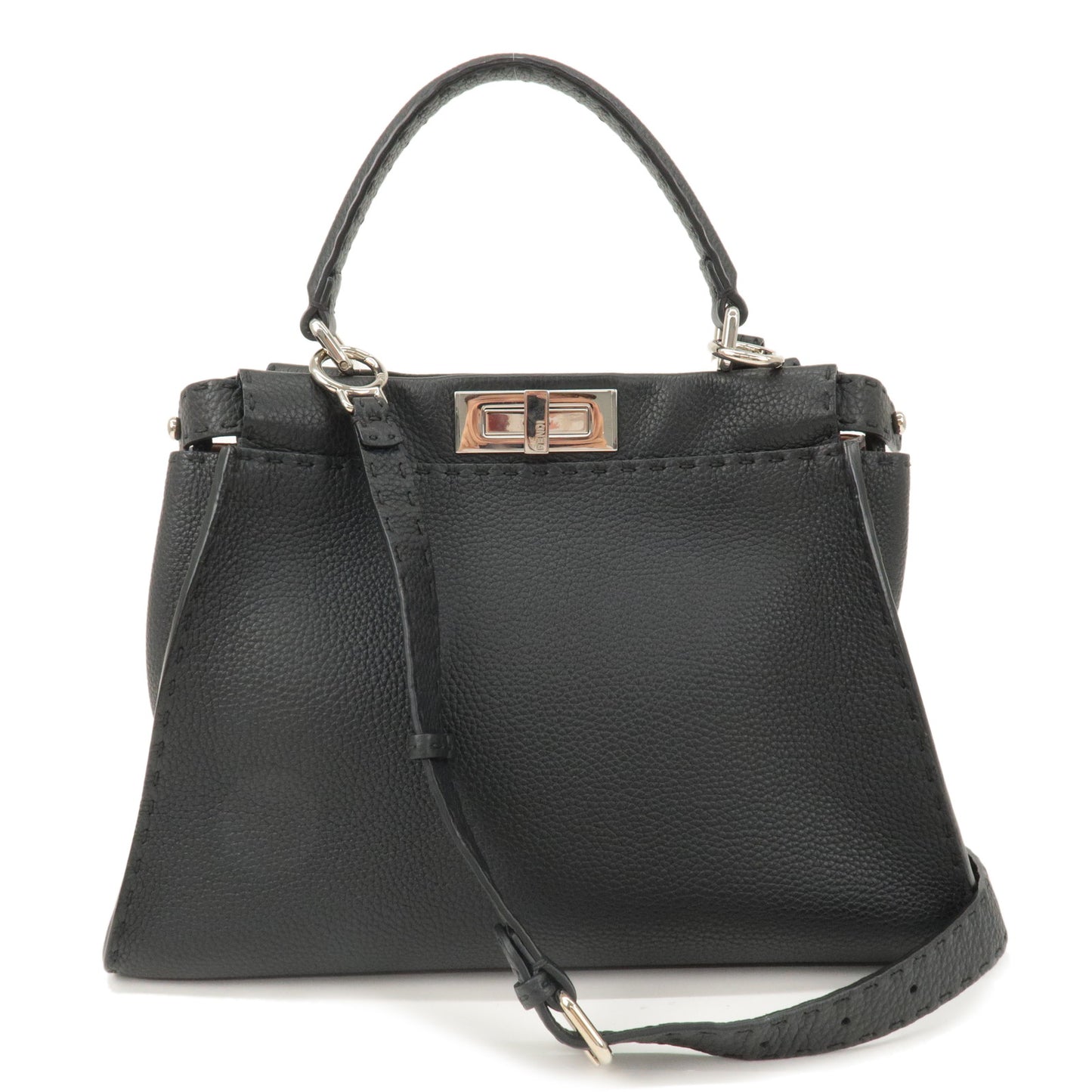 FENDI-Selleria-Leather-Peekaboo-Regular-2WAY-Bag-Black-8BN290