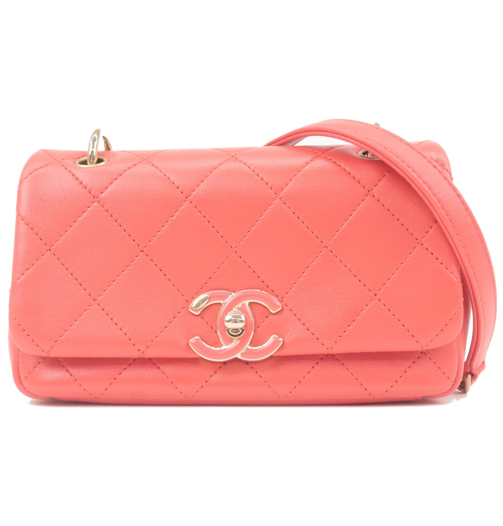 CHANEL-Mini-Matelasse-Lamb-Skin-Chain-Shoulder-Bag-Pink-Gold