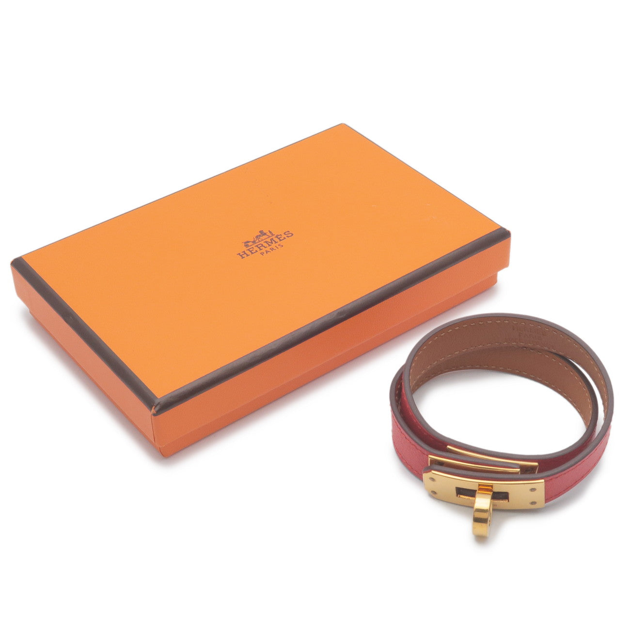 HERMES Kelly Bracelet Double Tour Size S Leather Metal Red Gold