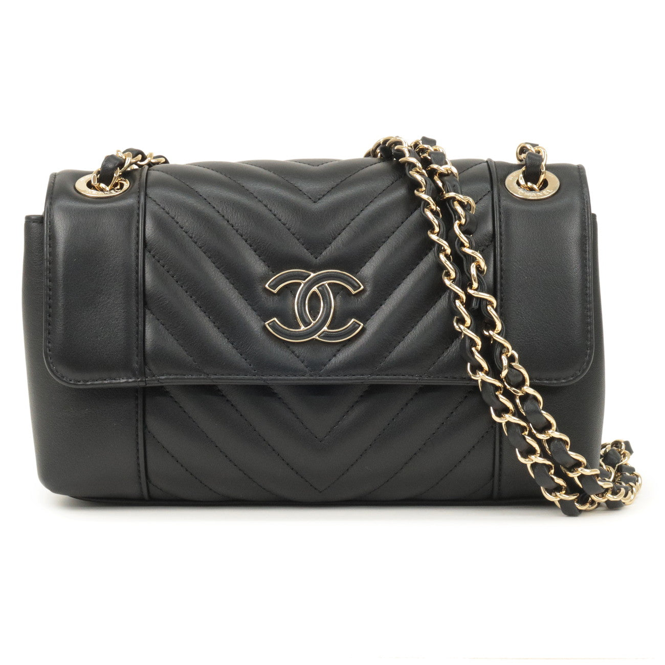 CHANEL-Matelasse-Lamb-Skin-Chevron-Chain-Shoulder-Bag-Black-AS0260