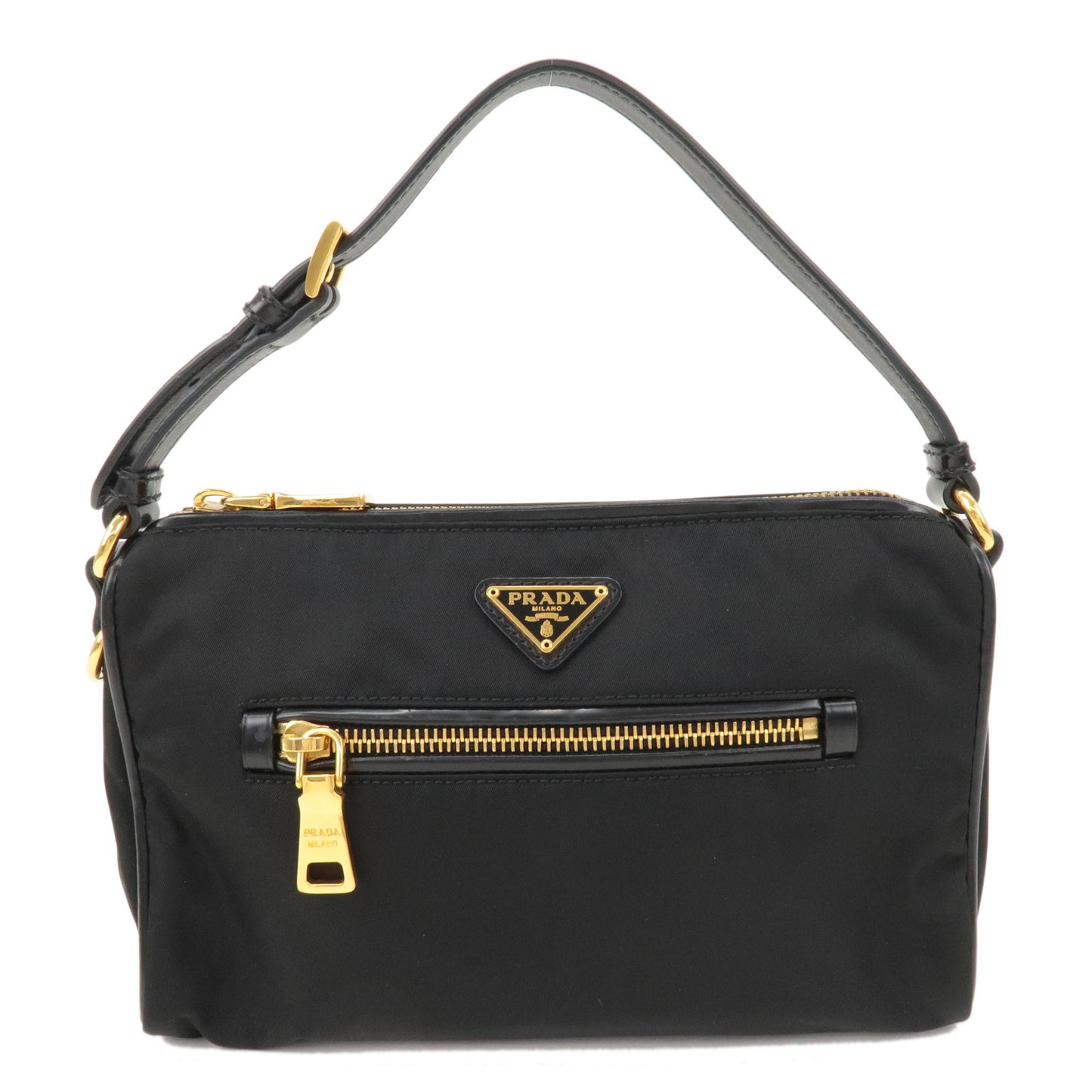 PRADA-Logo-Nylon-Leather-Shoulder-Bag-Hand-Bag-Black-BN1834
