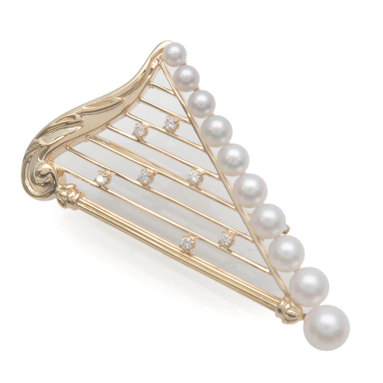 MIKIMOTO Harp Shape Charm Pearl Diamond Brooch K18YG Yellow Gold