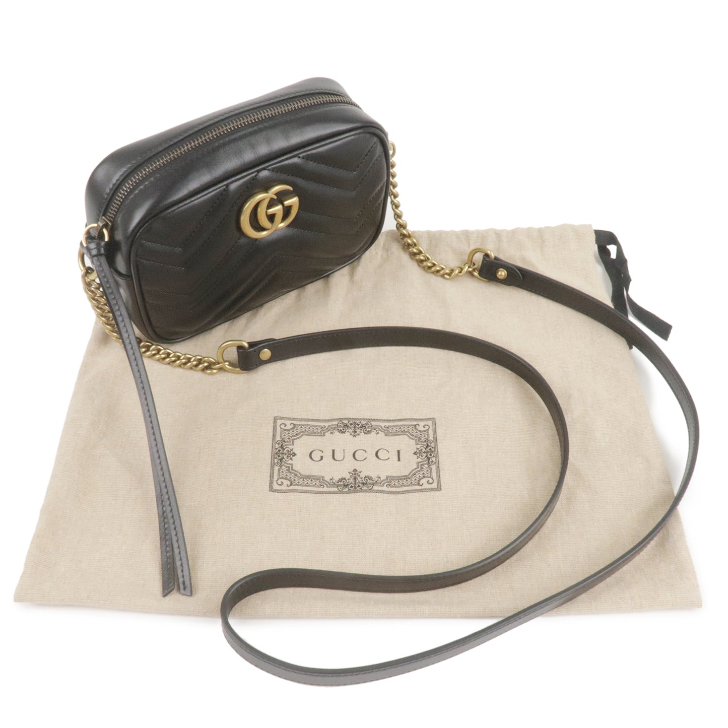 Authentic GUCCI GG Marmont Leather Chain Shoulder Bag 448065 Black Used F/S