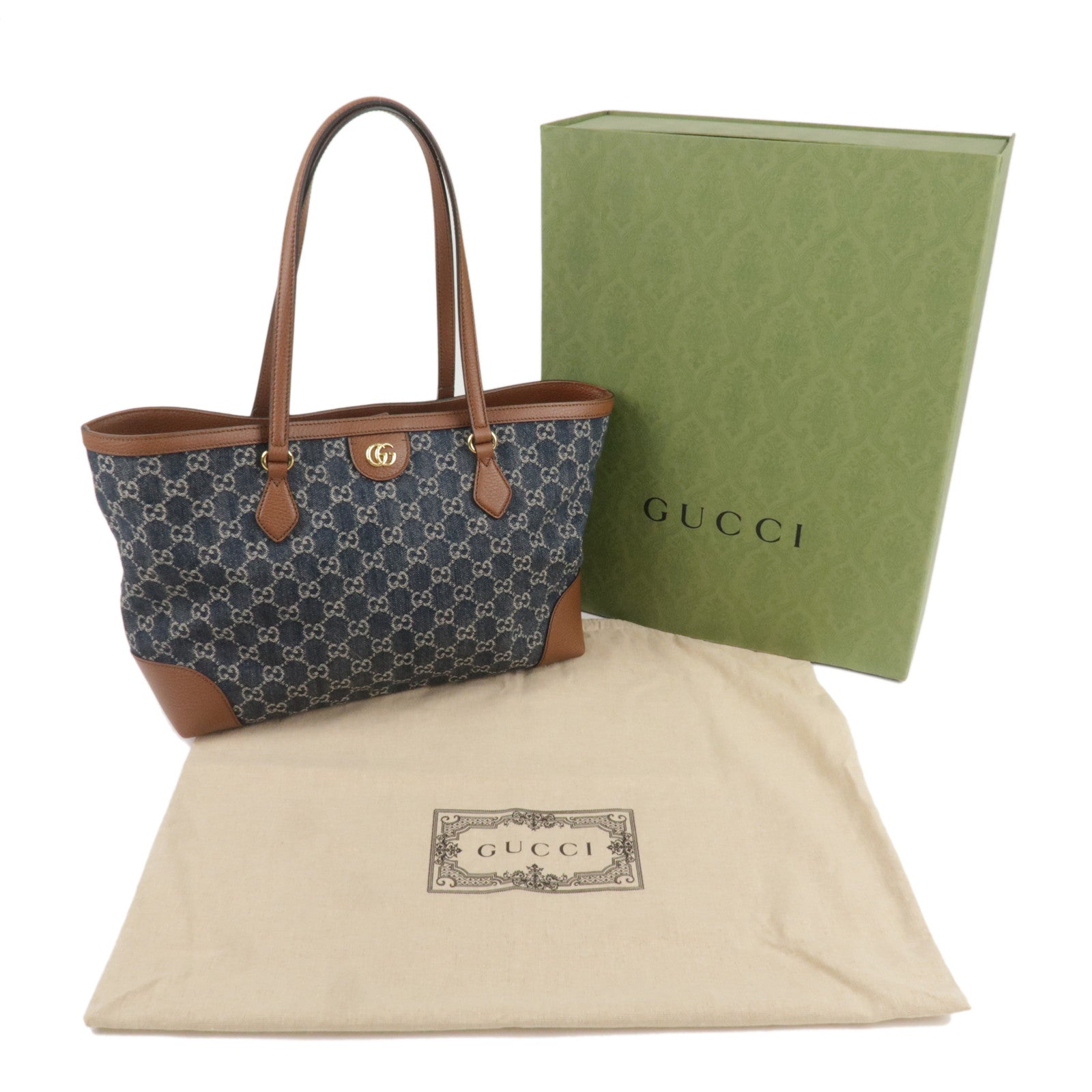 GUCCI GG Denim Leather Tote Bag Denim Blue Brown 631685 dct