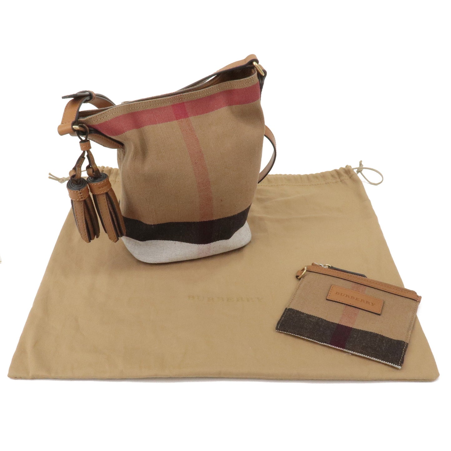 Authentic BURBERRY Nova Plaid Canvas Tassel Shoulder Bag Beige 3982933 Used F/S