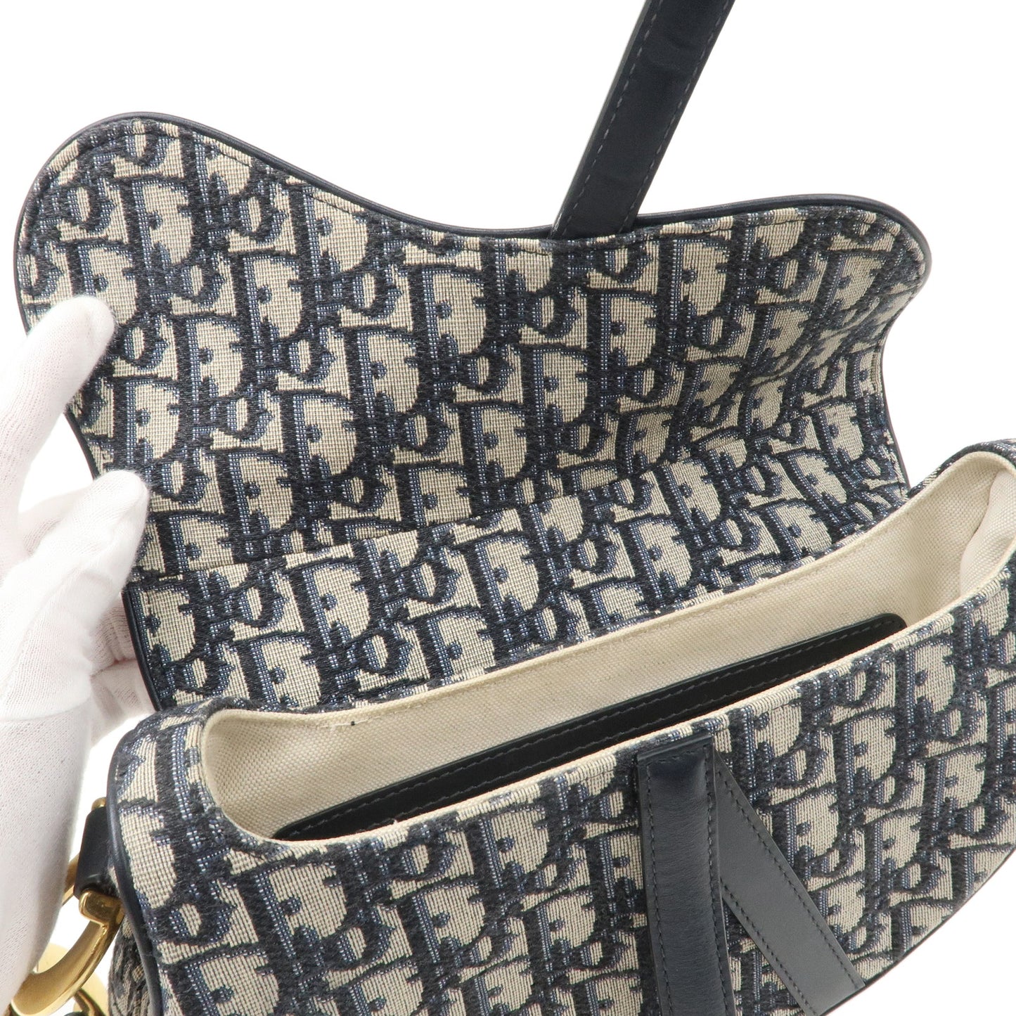 Christian Dior Saddle Bag Trotter Oblique Canvas Leather Navy