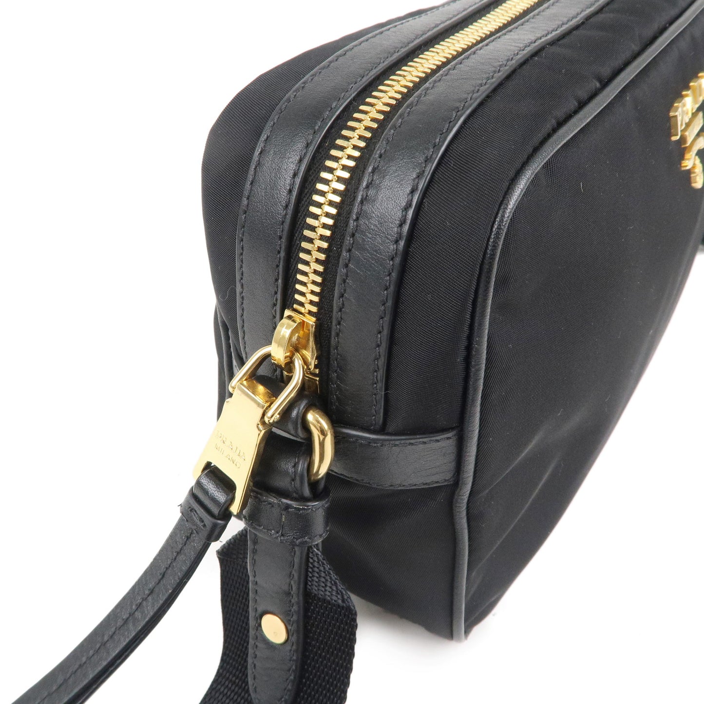 PRADA Logo Nylon Leather Shoulder Bag NERO Black Gold 1BH089