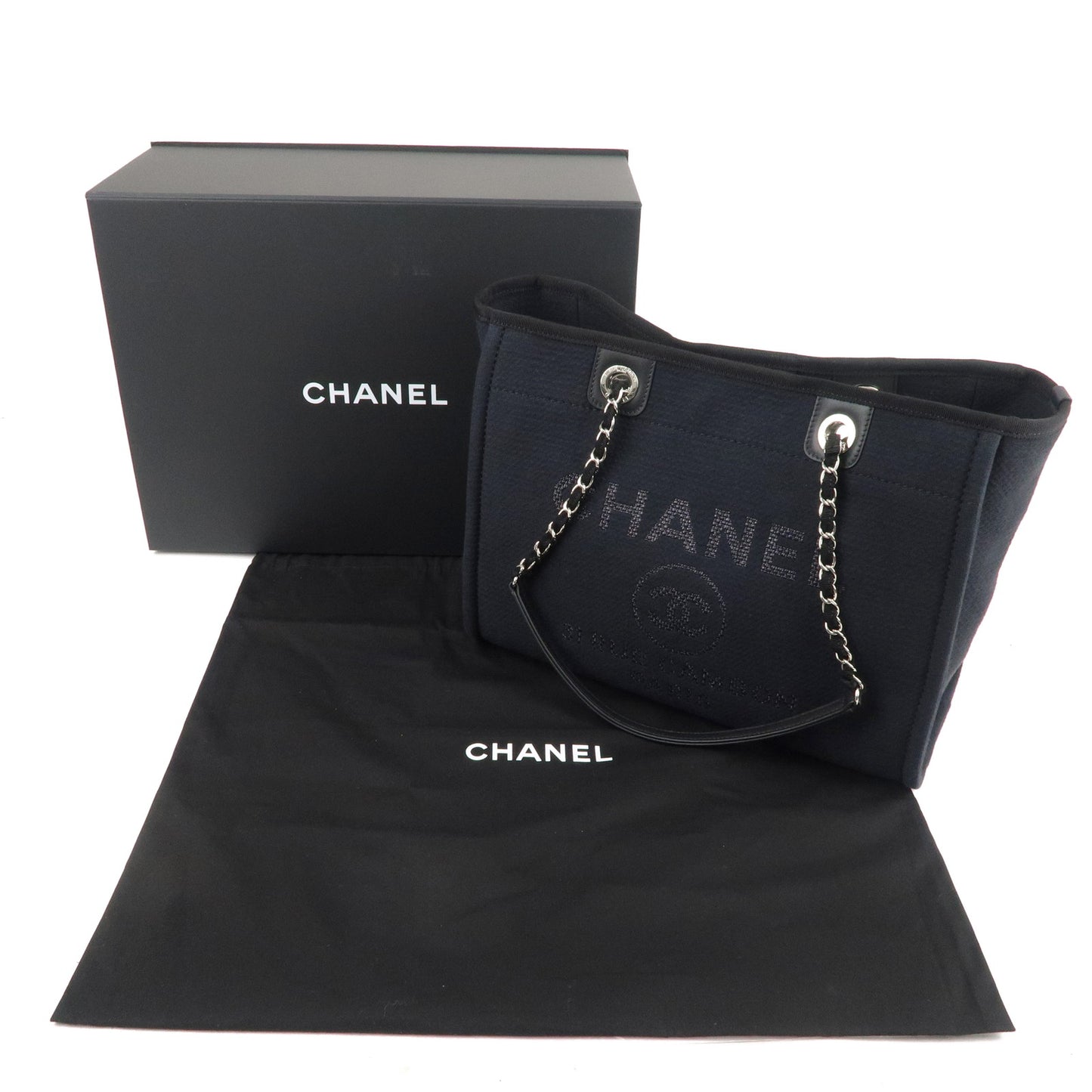 CHANEL Deauville Canvas Leather Chain Tote Bag Black A67001