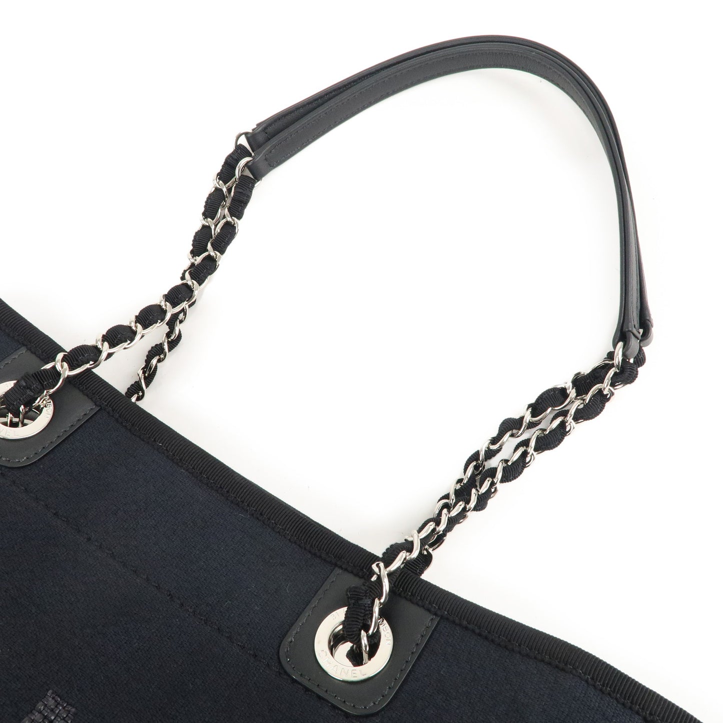 CHANEL Deauville Canvas Leather Chain Tote Bag Black A67001