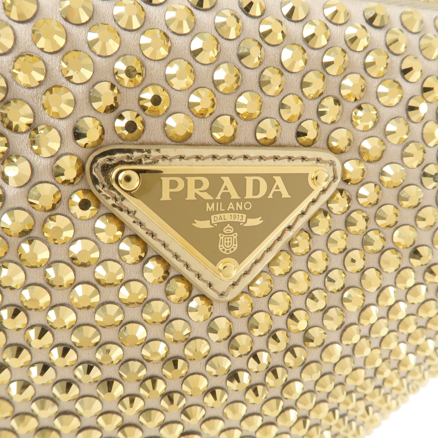 PRADA Triangle Leather Satin Rhine Stone Shoulder Bag Gold 1BC190