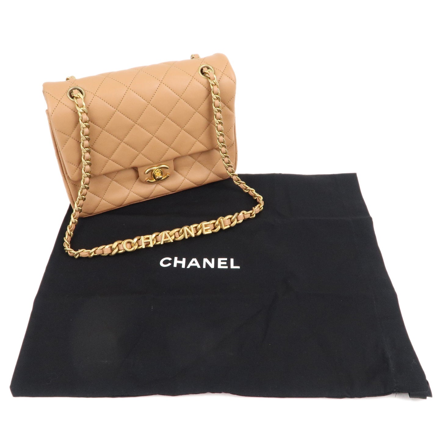 CHANEL Matelasse Lamb Skin Chain Shoulder Bag Beige Gold HDW