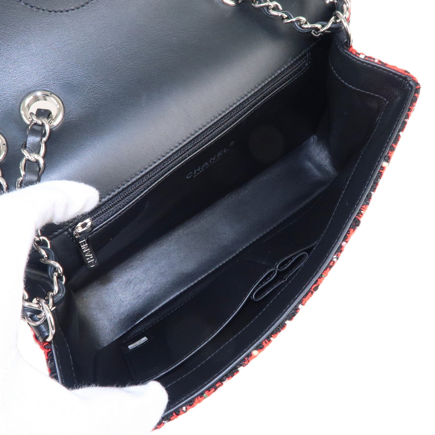 CHANEL CC Filigree Tweed Leather Shoulder Bag Red Black A93340