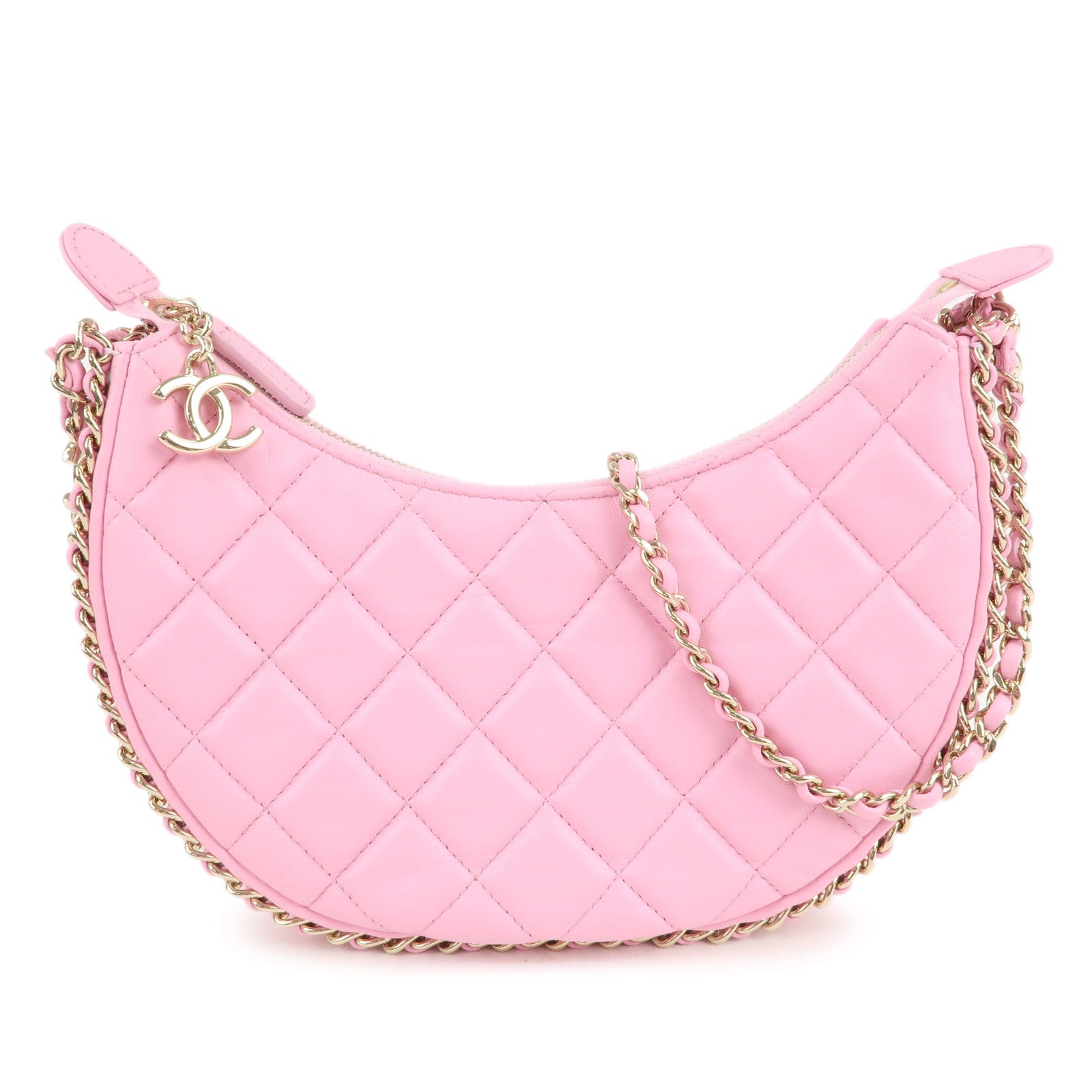 Auth-CHANEL-Matelasse-Lamb-Skin-Small-Hobo-Shoulder-Bag-Pink-AS3917-Used-F/S