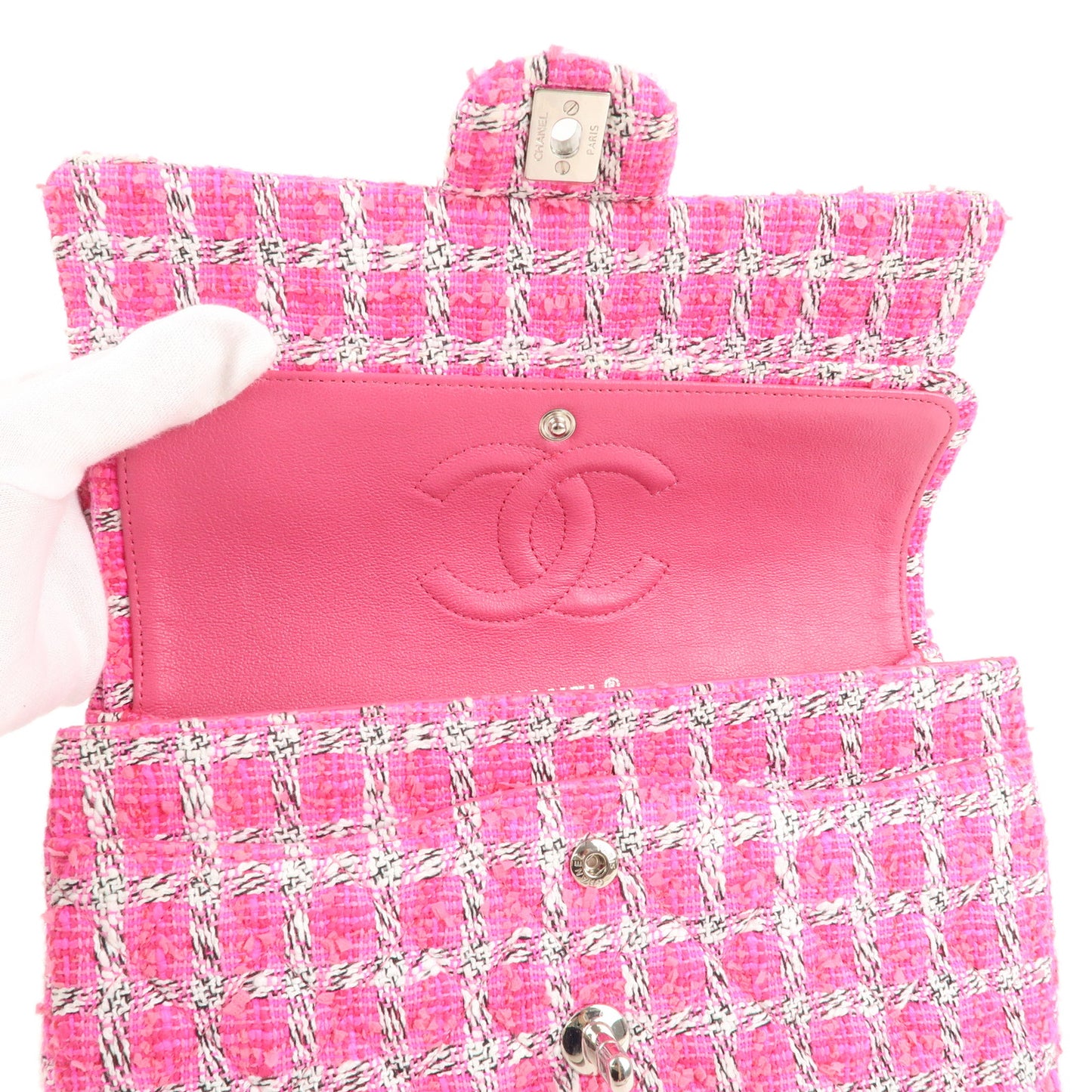 CHANEL Matelasse 25 Tweed Leather Chain W Flap Shoulder Bag Pink