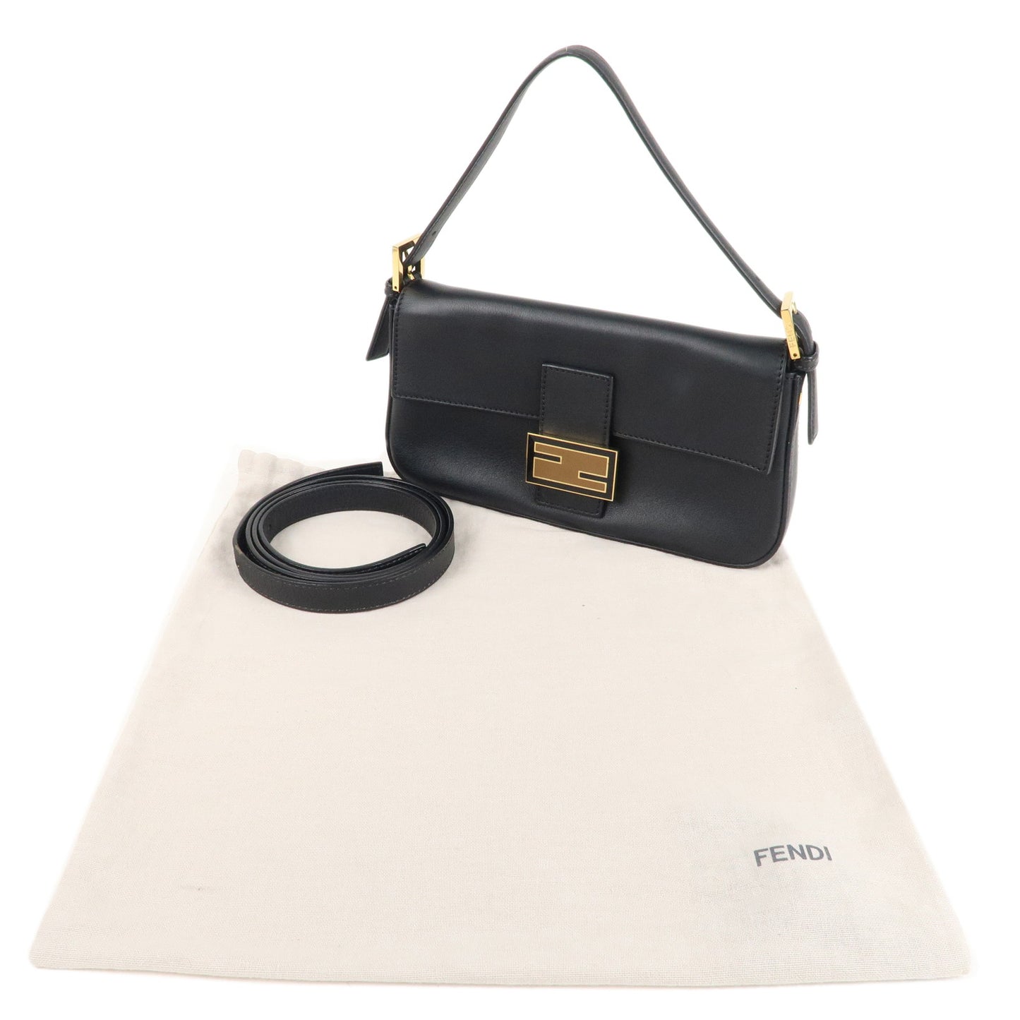 FENDI Leather Mamma Baguette Hand Bag Shoulder Bag Black 8BR600