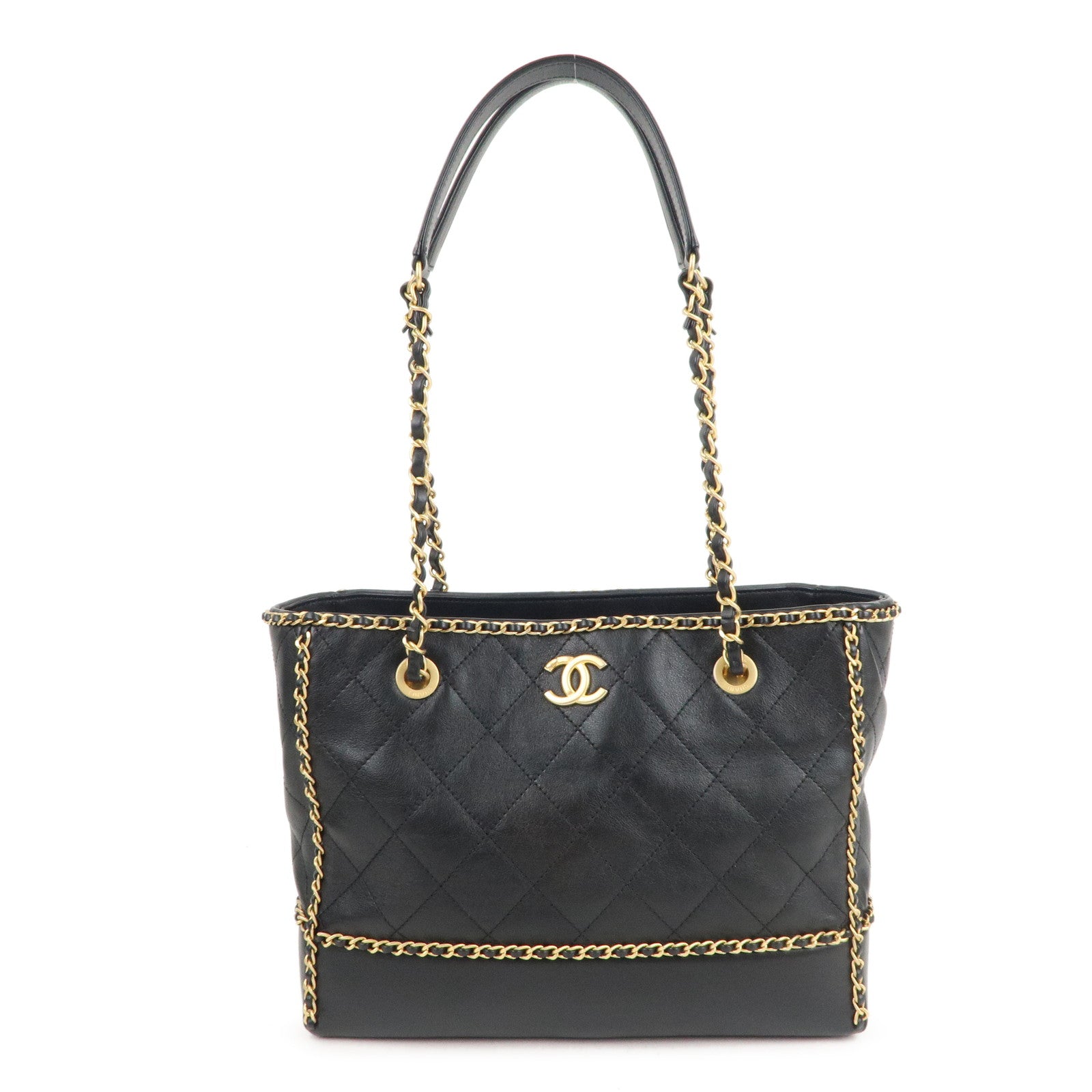 Chanel tote bag gold chain shoulder Matelasse chain bag Black Leather used