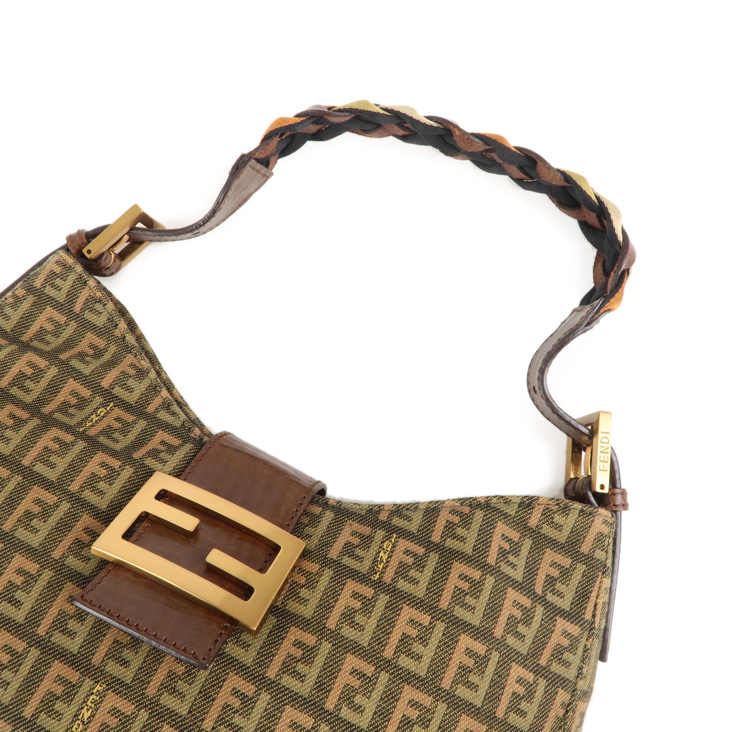 FENDI Zucchino Canvas Leather Shoulder Bag Khaki Brown 8BR036