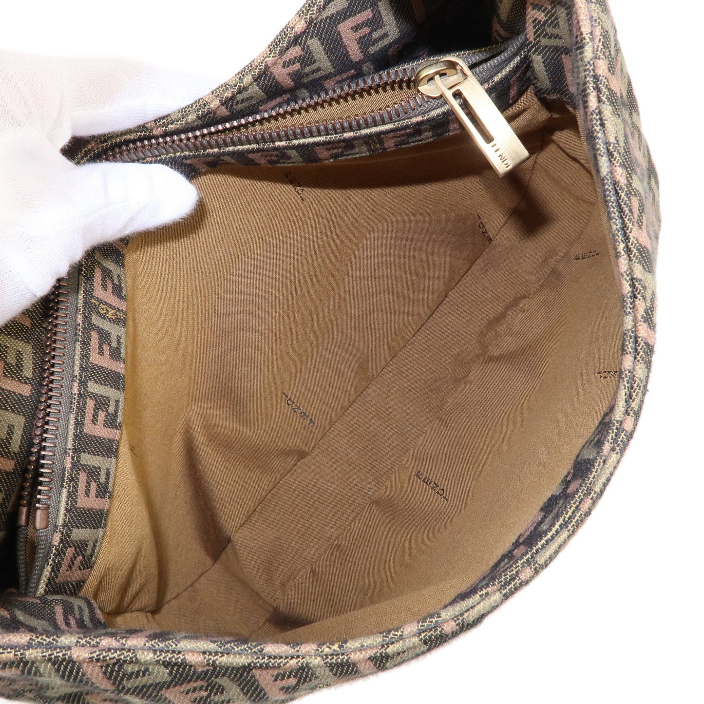 FENDI Zucchino Canvas Leather Shoulder Bag Khaki Brown 8BR036