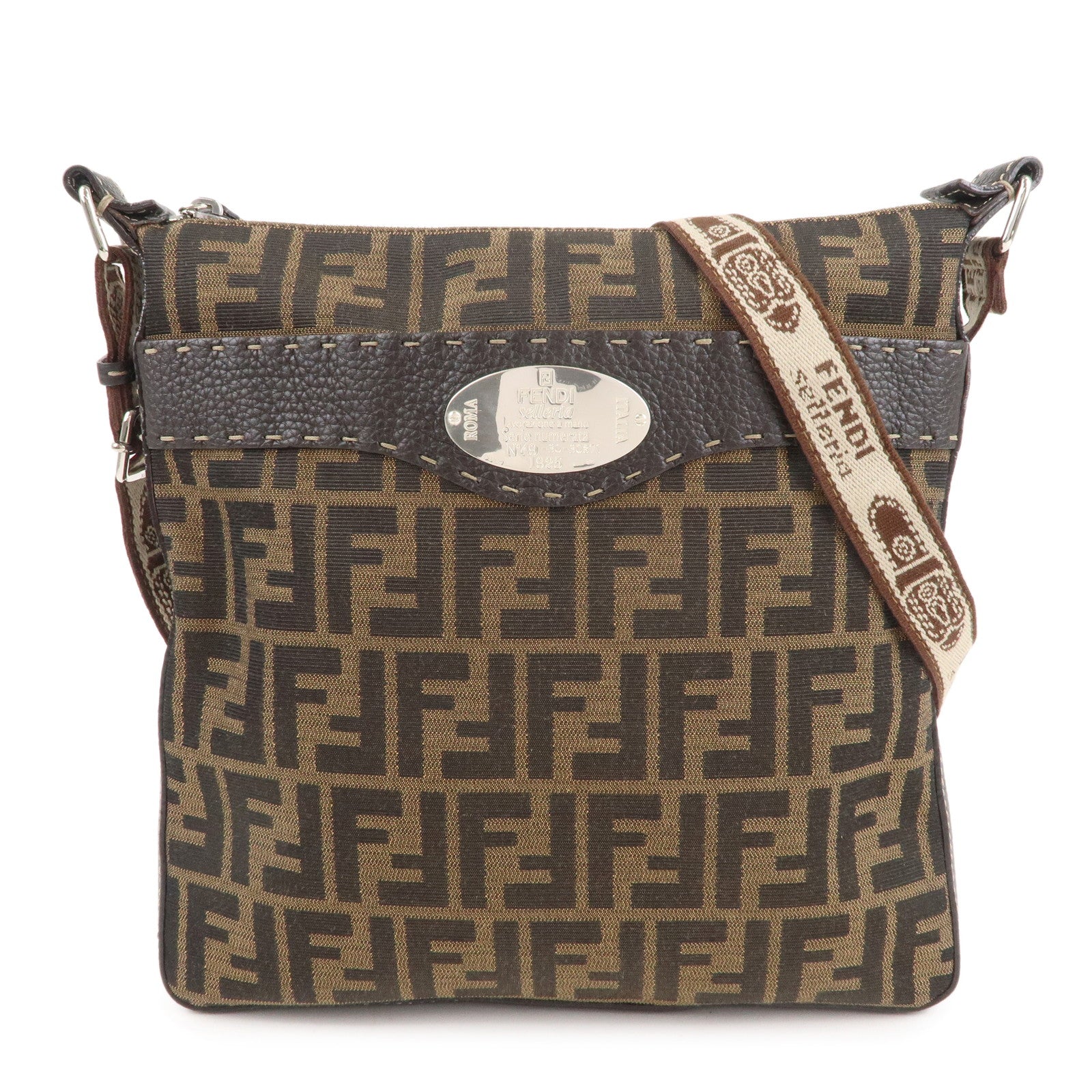 FENDI-Selleria-Zucca-Canvas-Leather-Hand-Bag-Brown-Black-8BT109