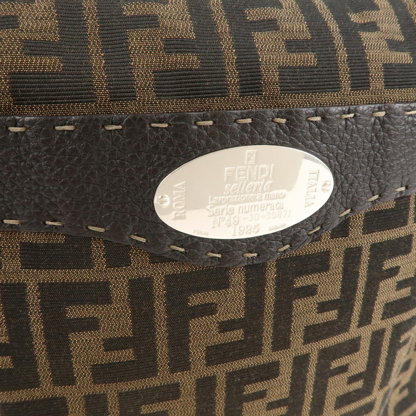 FENDI Selleria Zucca Canvas Leather Hand Bag Brown Black 8BT109