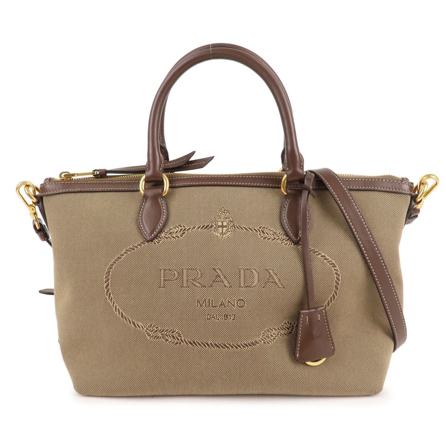 Used Prada Jacquard Logo Canvas Leather Tote Shoulder Bag
