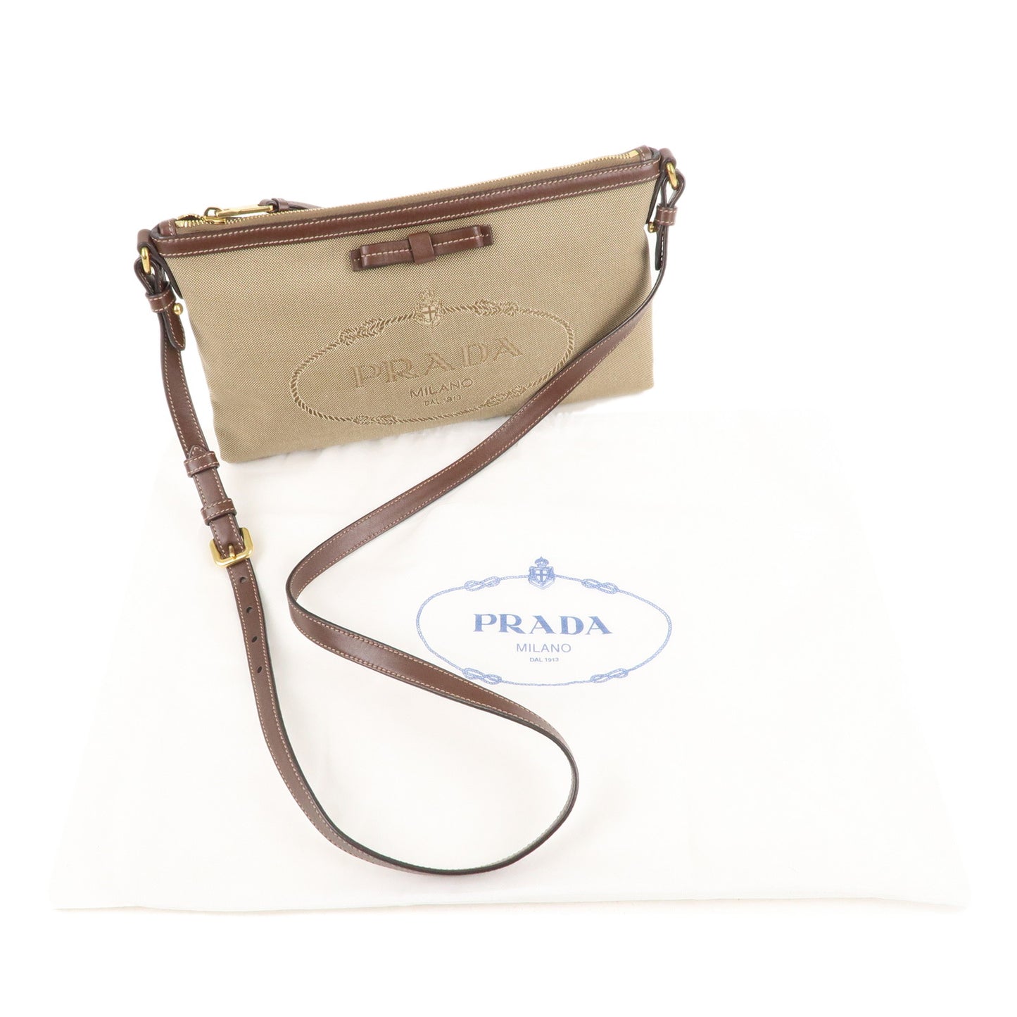 PRADA Logo Jacquard Leather Shoulder Bag Beige Brown 1BH150