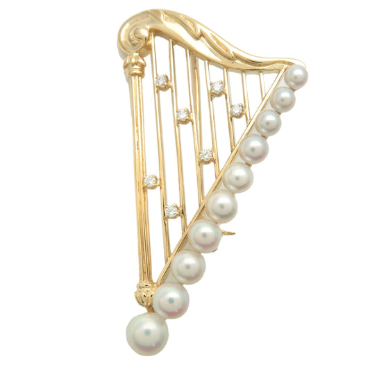 MIKIMOTO-Harp-Shape-Charm-Pearl-Diamond-Brooch-K18YG-Yellow-Gold