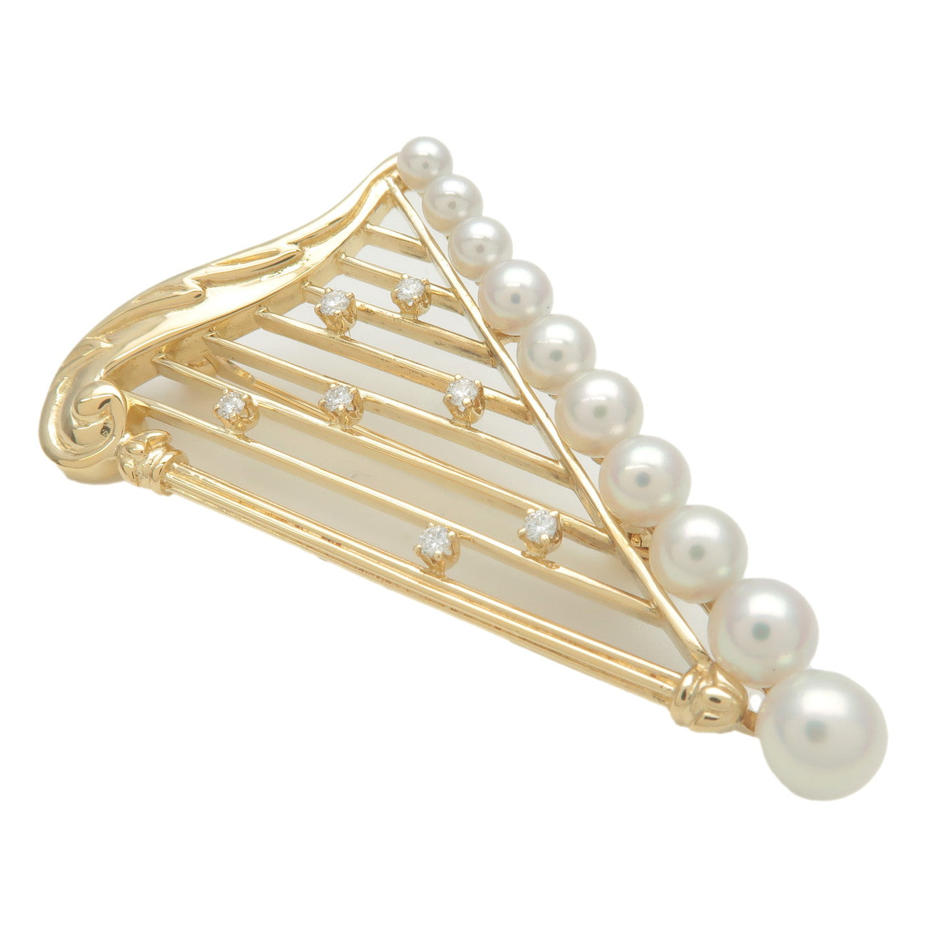 MIKIMOTO Harp Shape Charm Pearl Diamond Brooch K18YG Yellow Gold