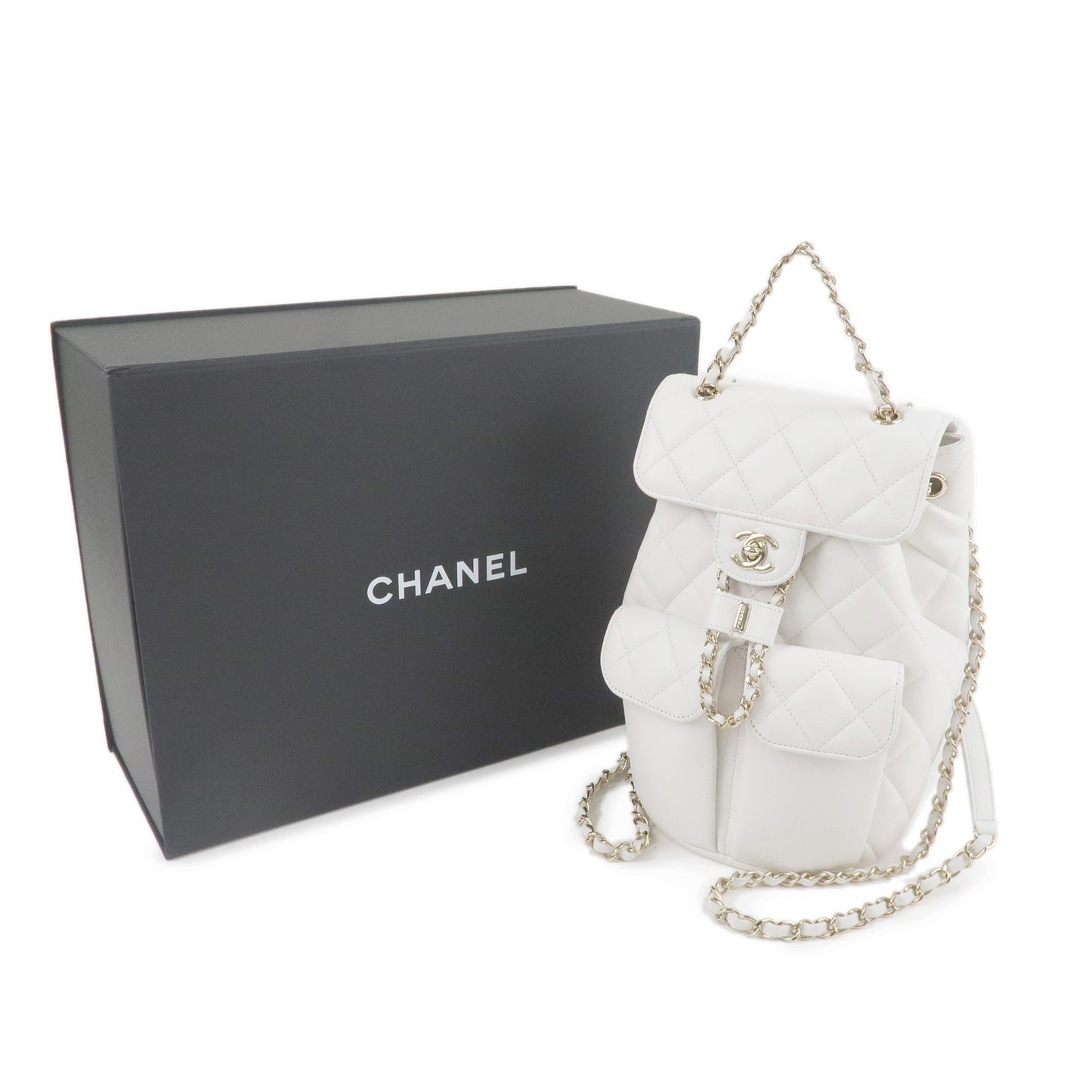 CHANEL Matelasse Caviar Skin Chain Back Pack White AS3290