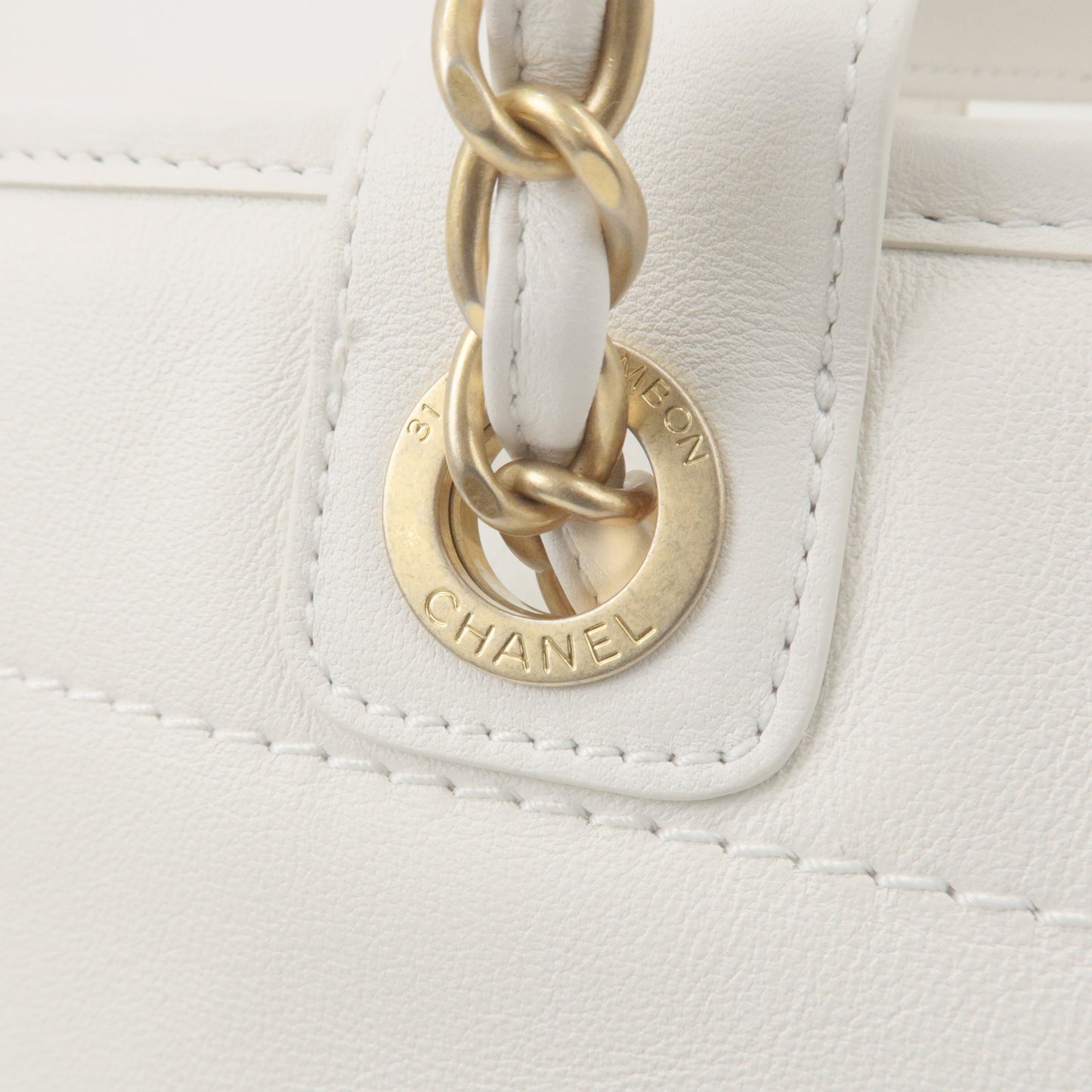 CHANEL Deauville Leather 2WAY Chain Tote Bag GM White A66941