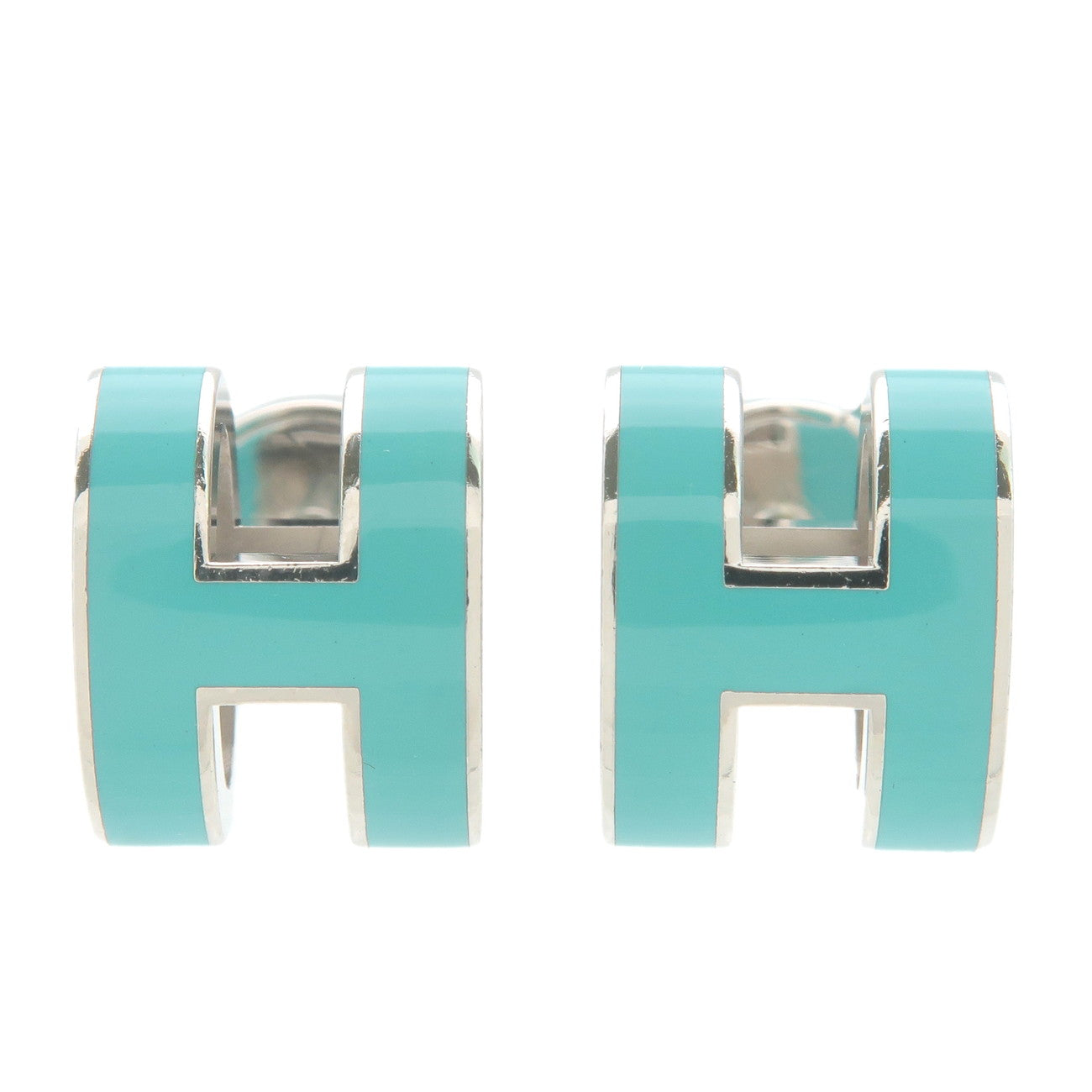 HERMES-Pop-Ash-H-Logo-Earrings-Metal-Blue-Silver