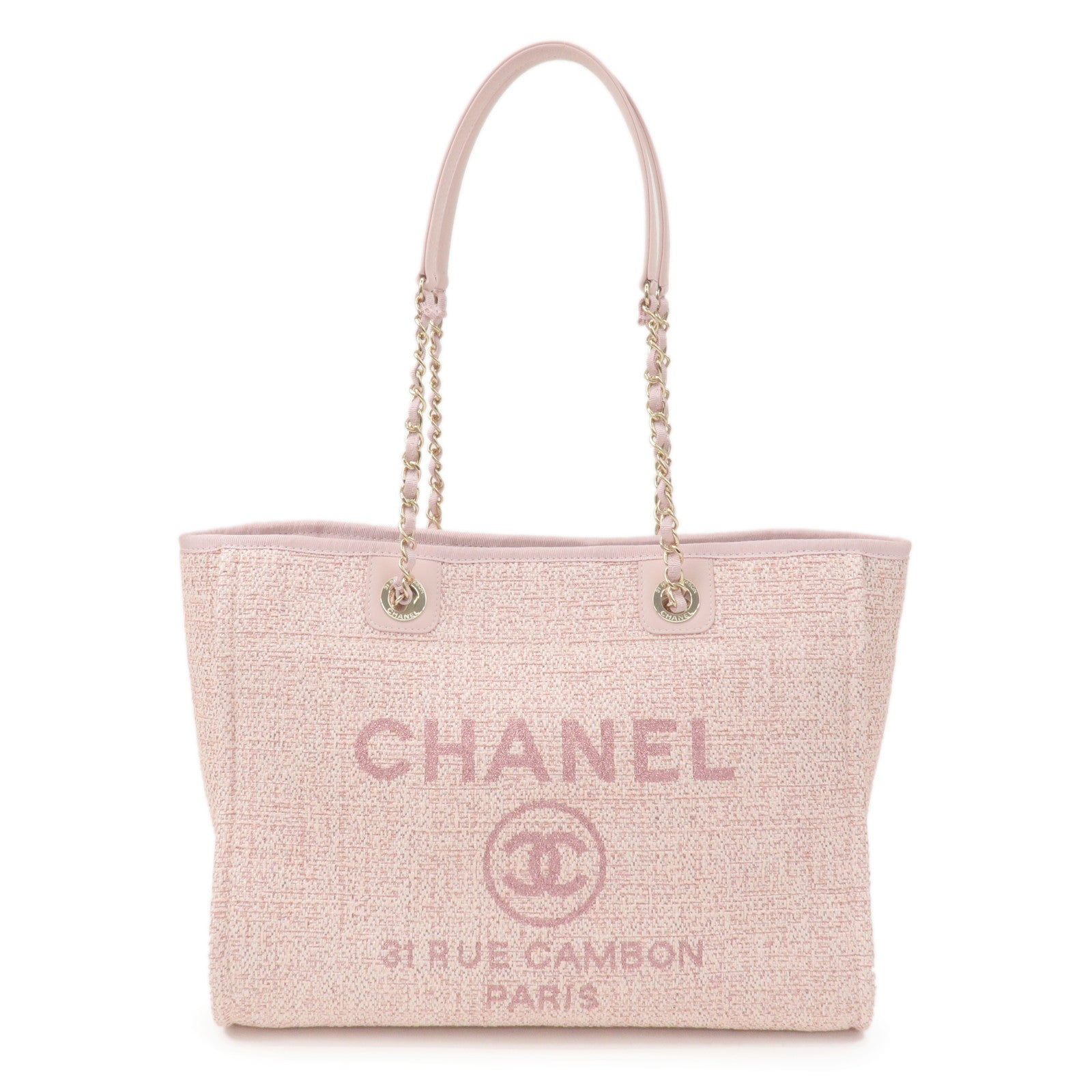 CHANEL Deauville Tote Pink Canvas Large Silver Hardware 2016 - BoutiQi Bags