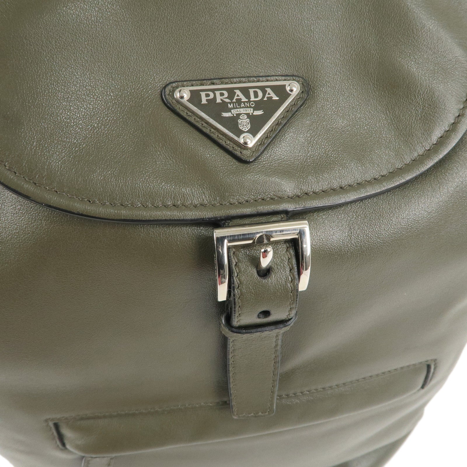 PRADA-Logo-Leather-BackPack-Ruck-Sack-Bag-Khaki-BZ032L