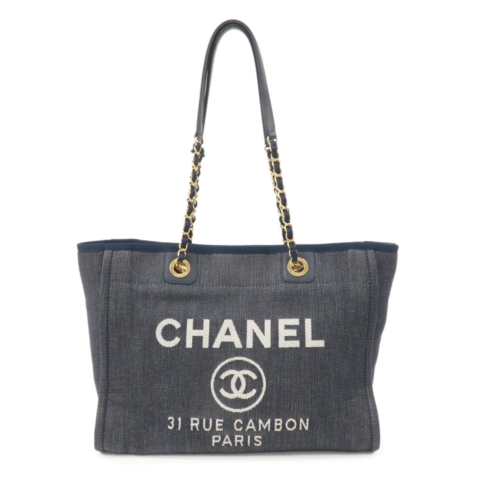 Auth CHANEL Deauville Line MM A67001 Navy Cream Denim Leather Women's Tote  Bag