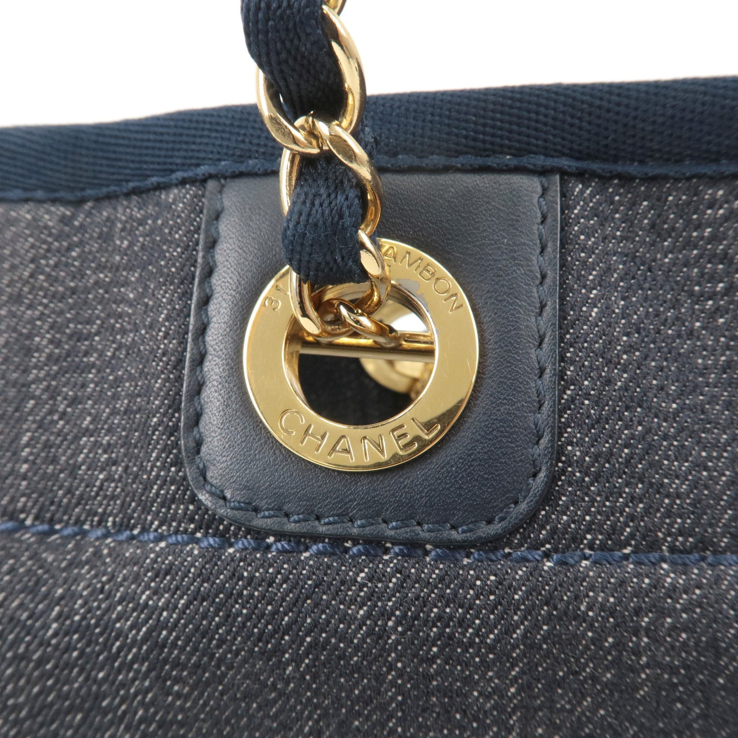 CHANEL Deauville MM Denim Leather Chain Tote Bag Navy A67001