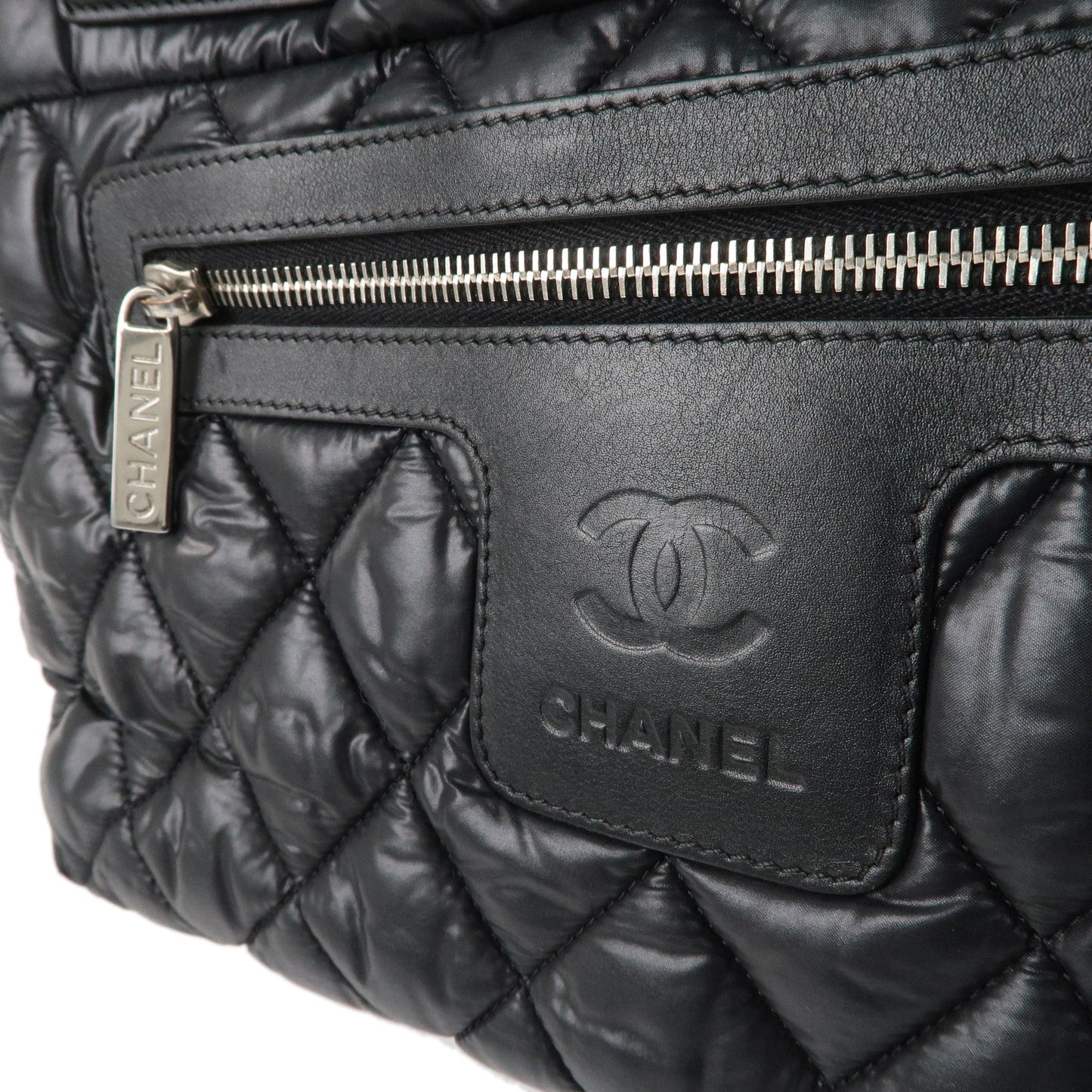 CHANEL Nylon Leather Coco Cocoon PM Tote Bag Hand Bag Black A48610