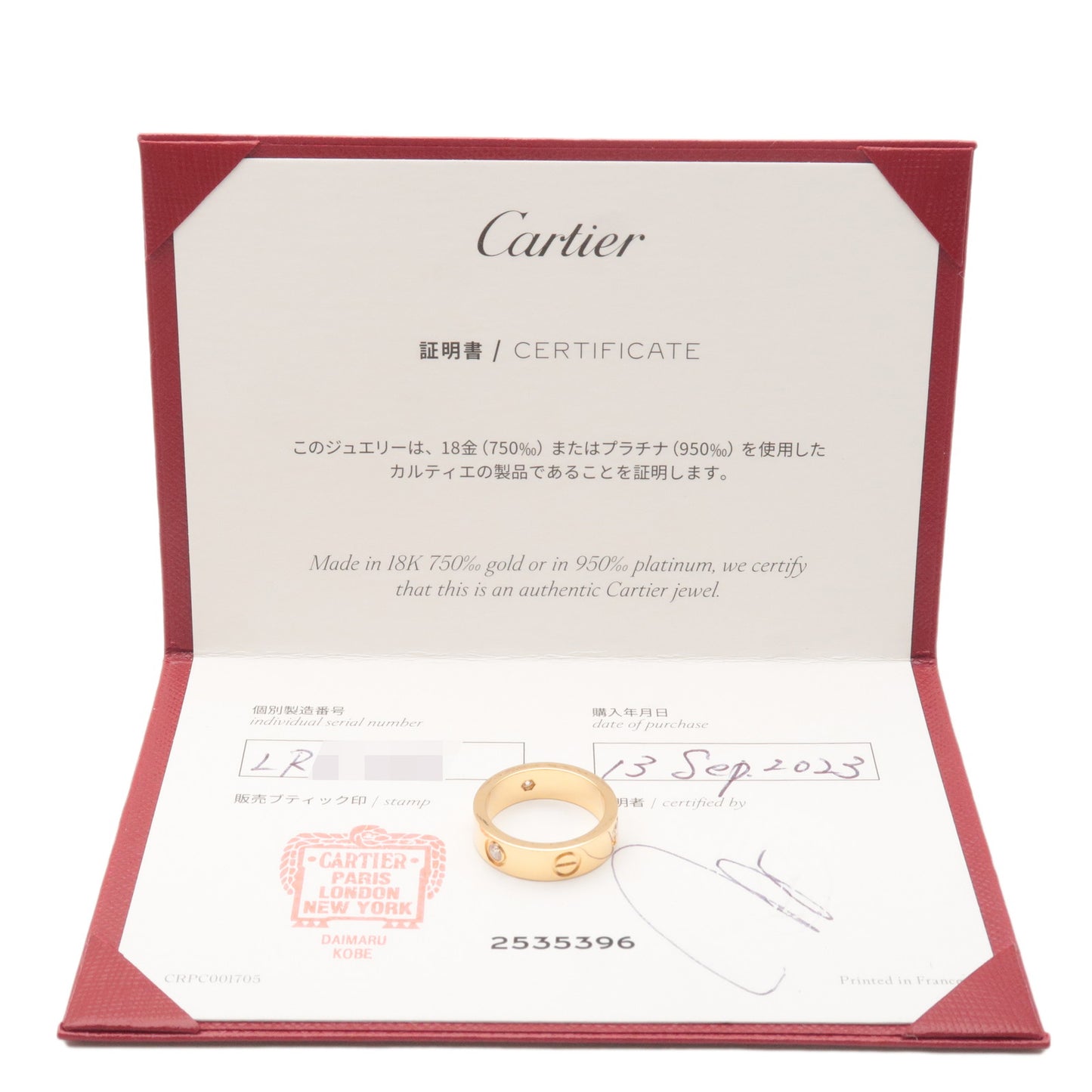 Cartier Love Ring 3P Half Diamond K18 Yellow Gold #52 US6