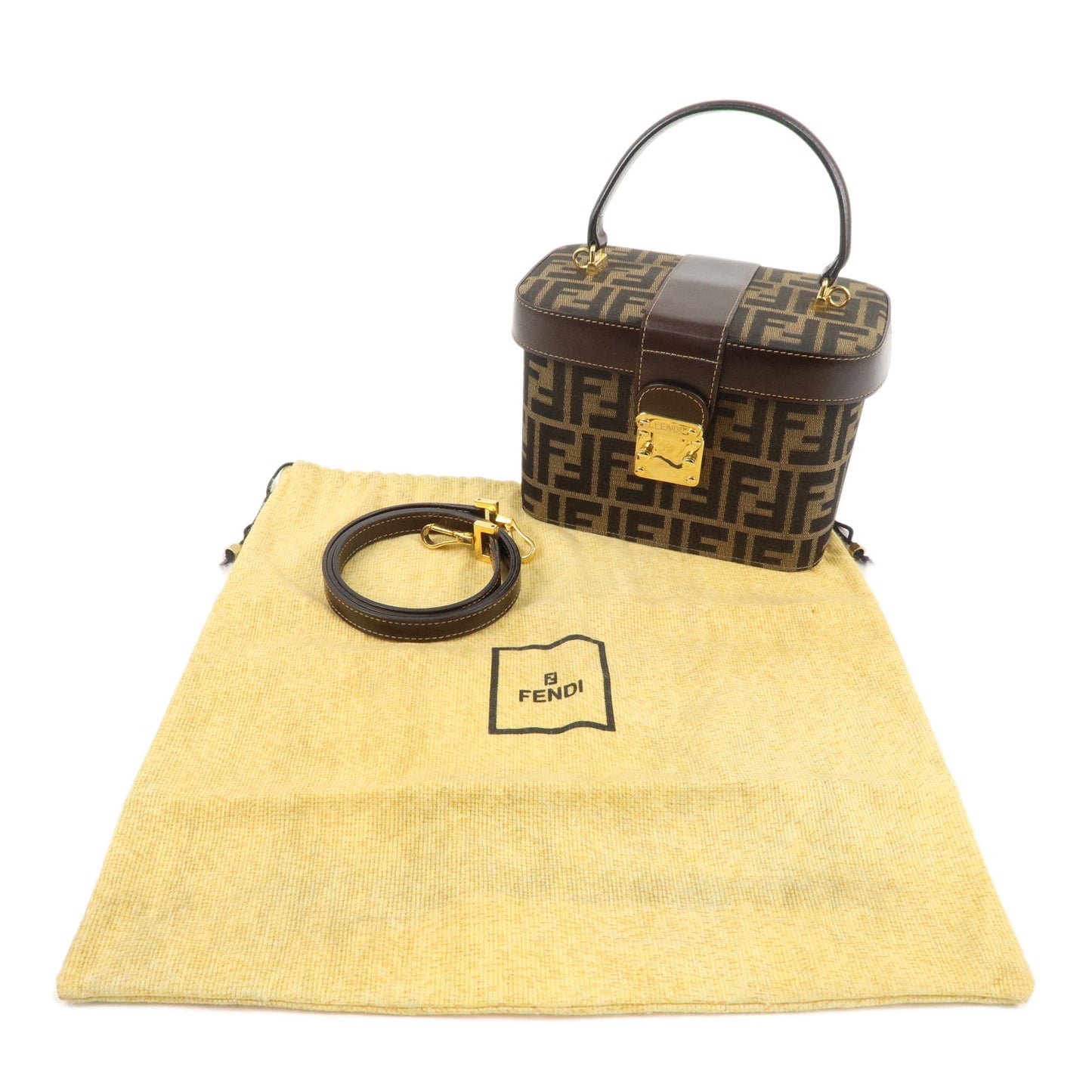 FENDI Zucca Canvas Leather Vanity Bag 2Way Bag Khaki 14931