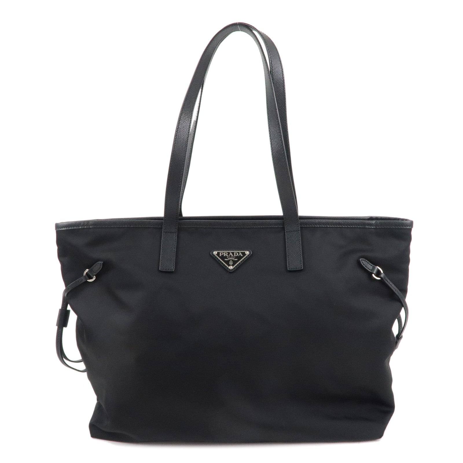 PRADA-Logo-Nylon-Leather-Tote-Bag-Shoulder-Bag-Black-1BG401
